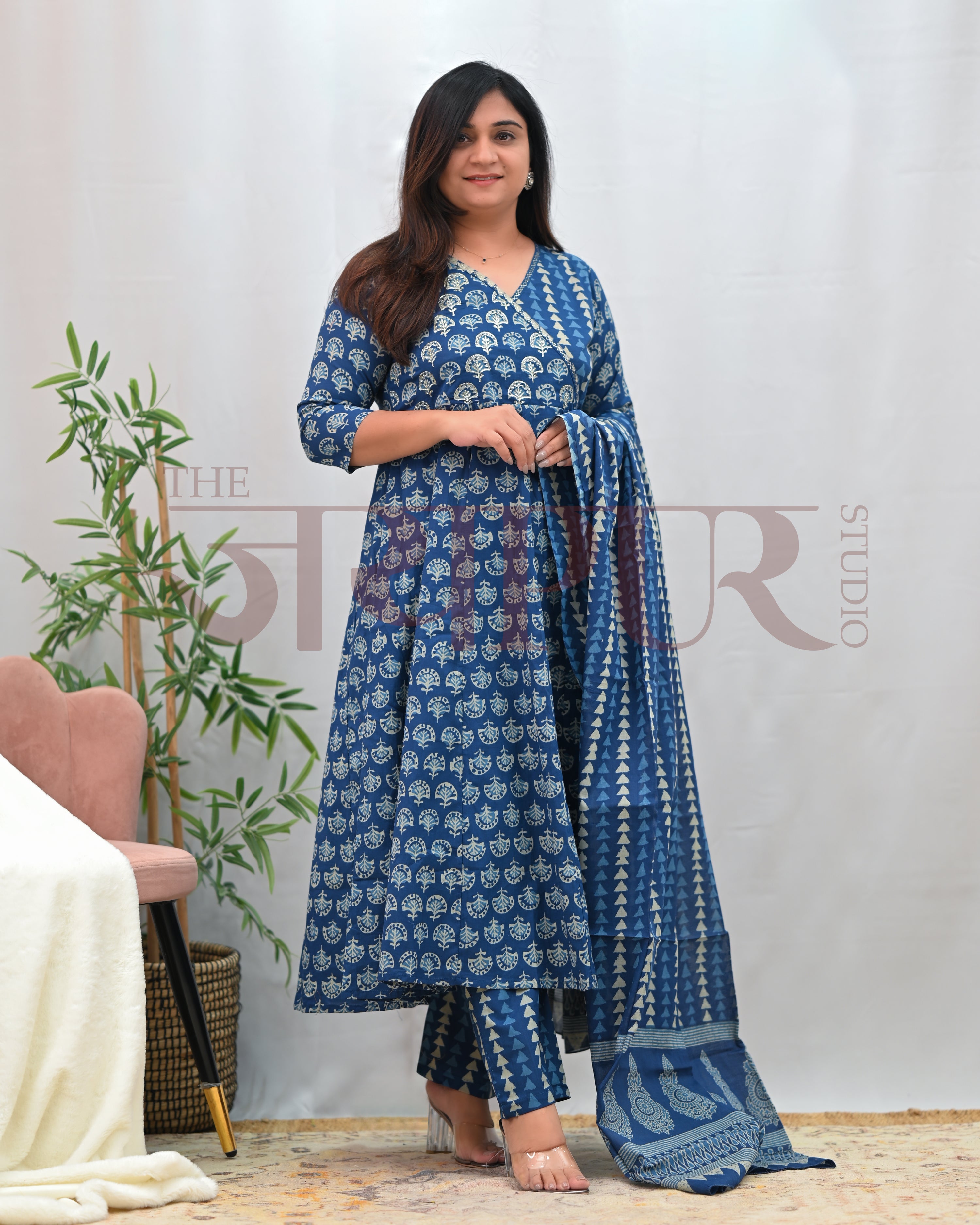 Anushka Bagru Print Embroidered Anarkali Set - The Jaipur Studio