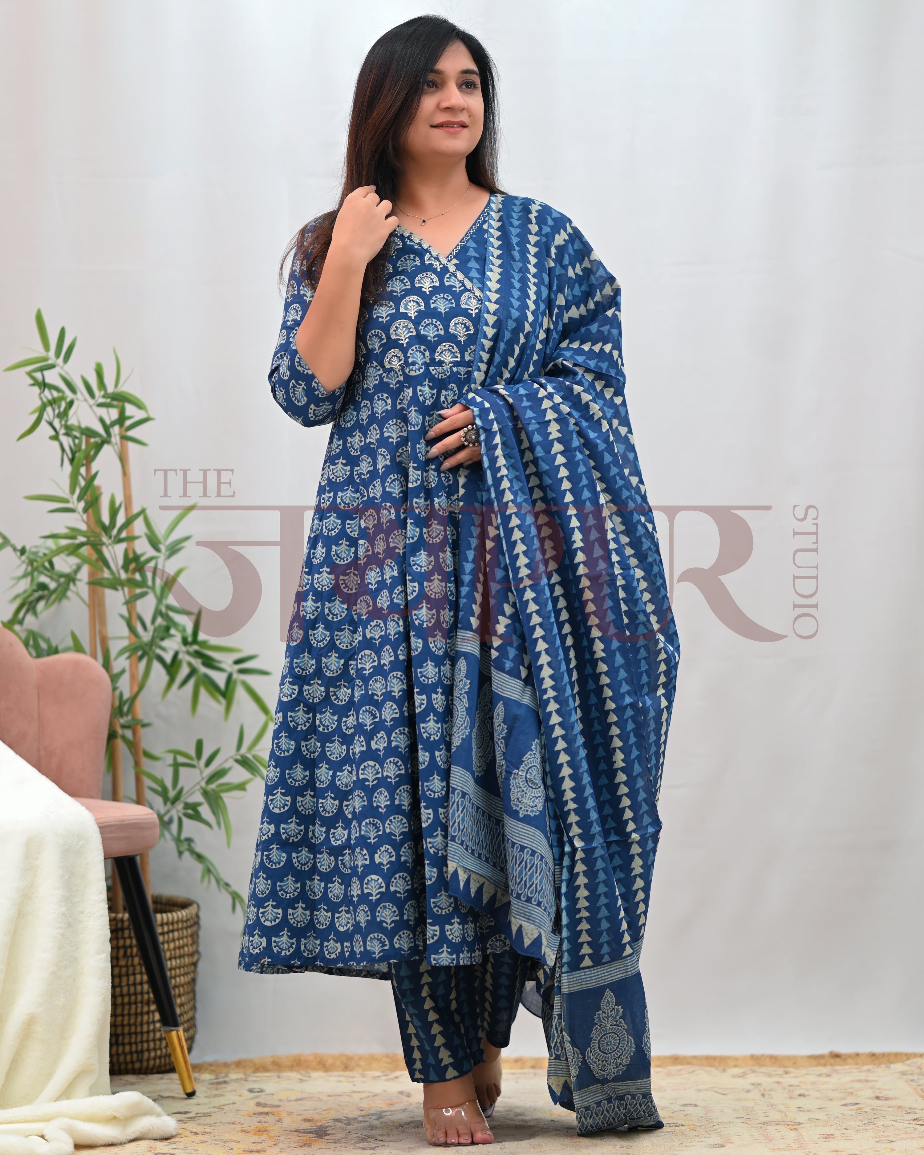 Anushka Bagru Print Embroidered Anarkali Set - The Jaipur Studio