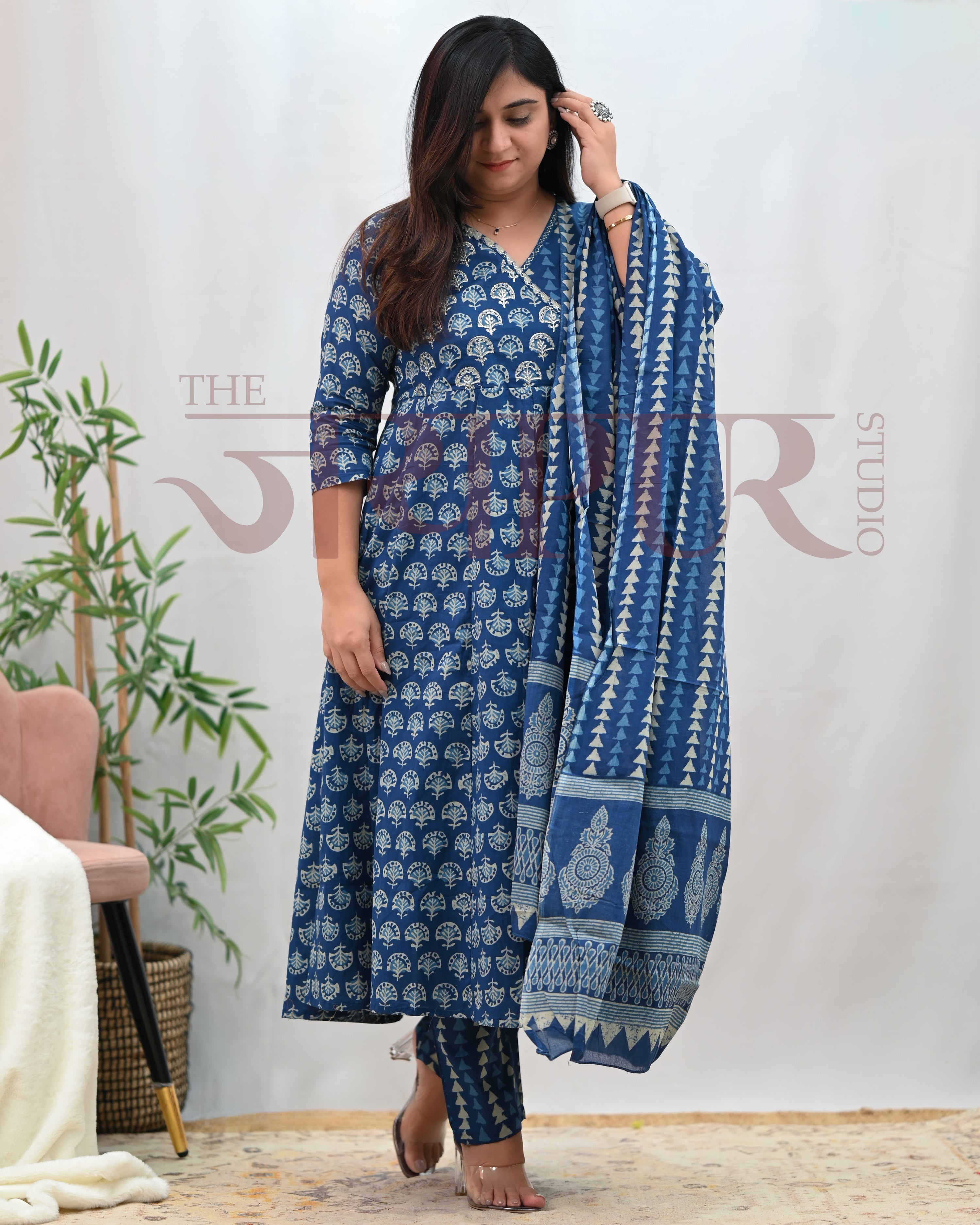 Anushka Bagru Print Embroidered Anarkali Set - The Jaipur Studio