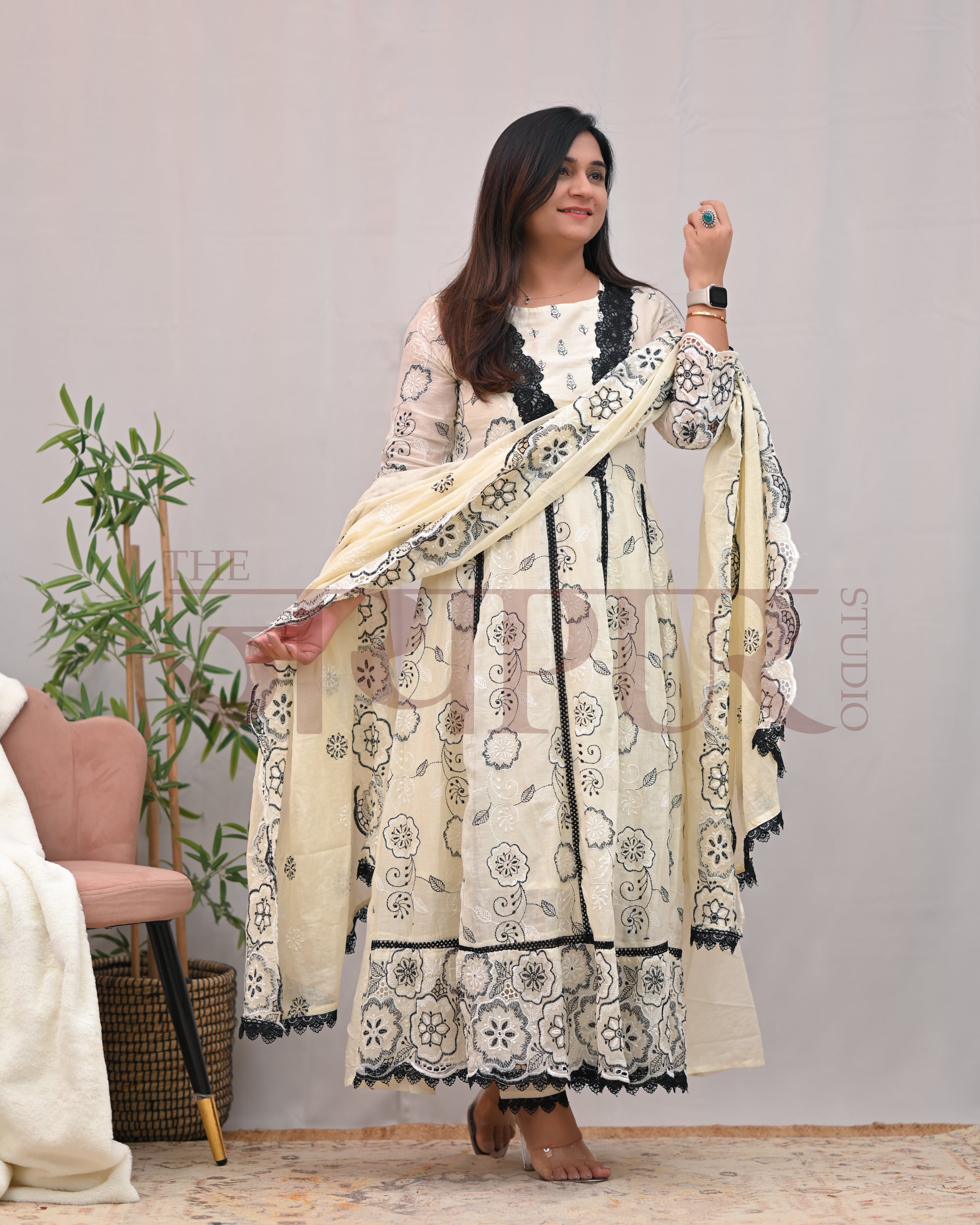 Mahira Cotton Sciffili Anarkali Pant Set - The Jaipur Studio