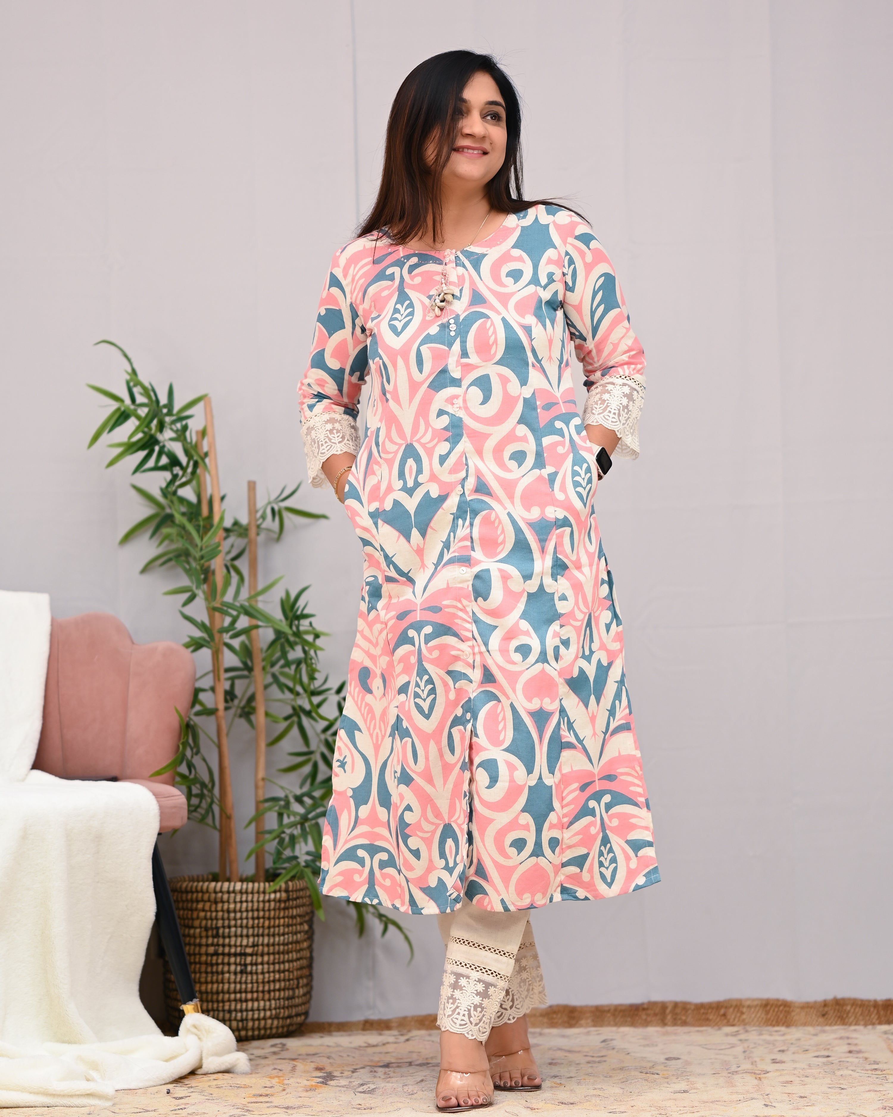 Peach A-line Cotton casual Pant Set - The Jaipur Studio