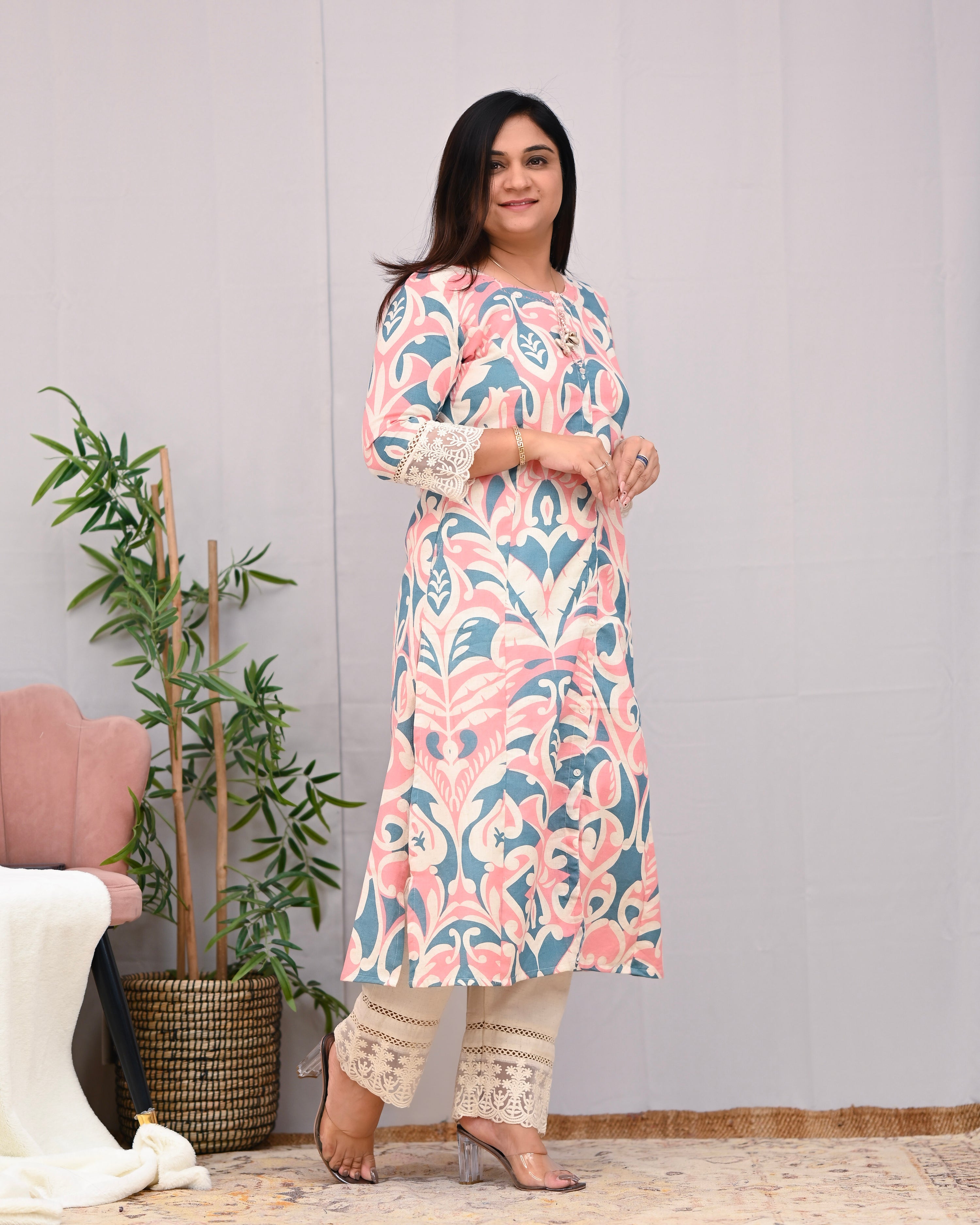 Peach A-line Cotton casual Pant Set - The Jaipur Studio