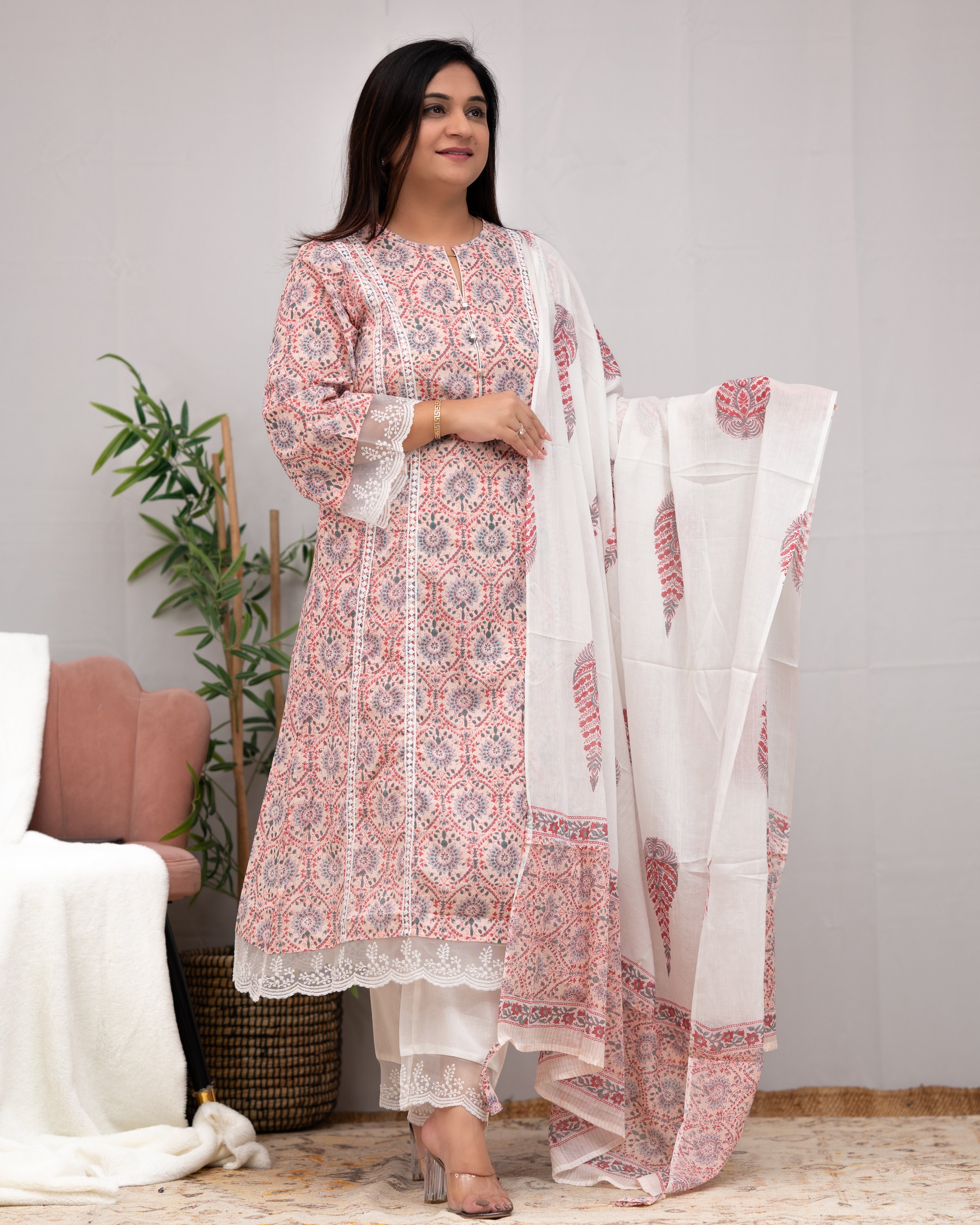 Zoha Cotton A-line Pakistani Suit with Lace Detailing - The Jaipur Studio