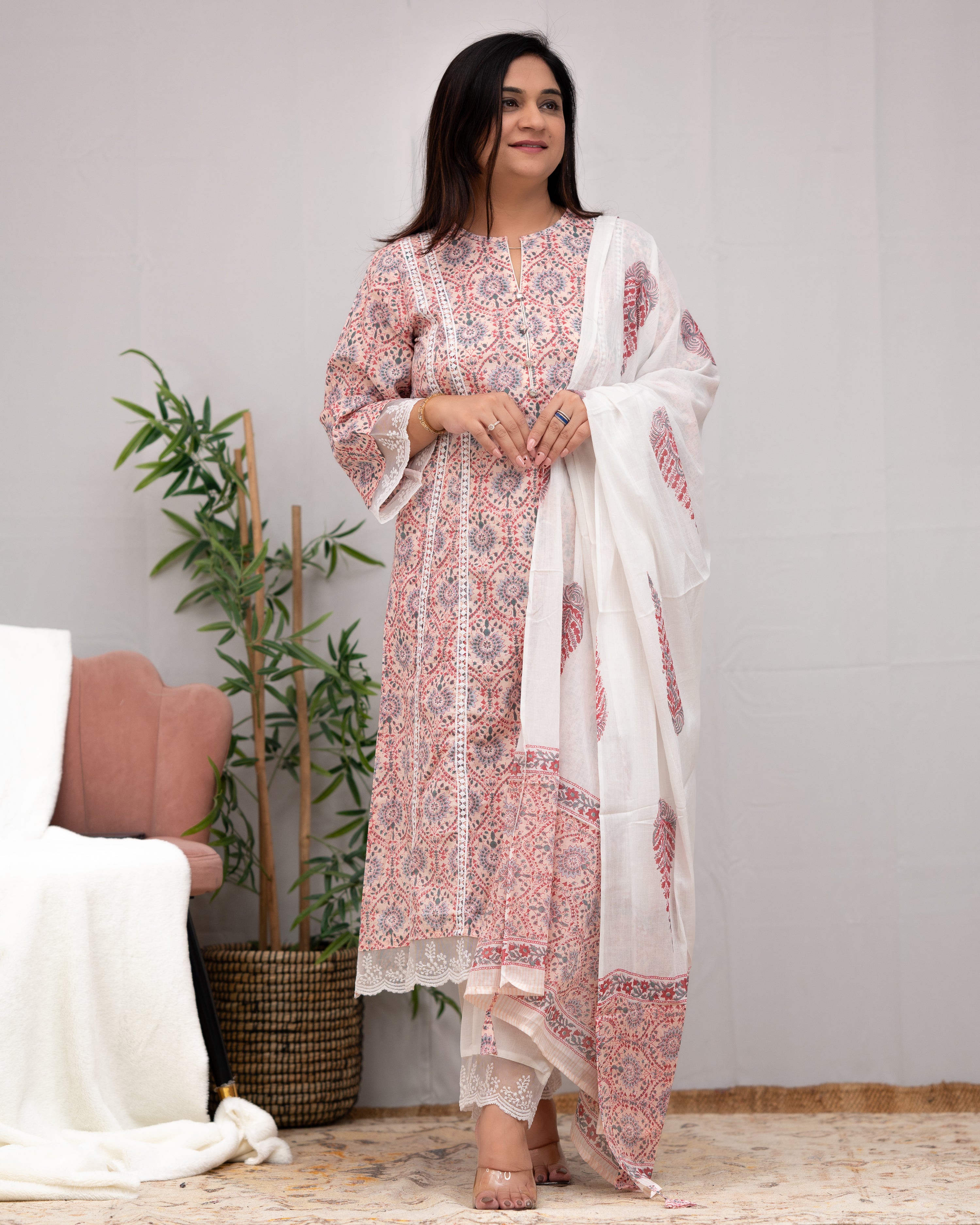 Zoha Cotton A-line Pakistani Suit with Lace Detailing - The Jaipur Studio