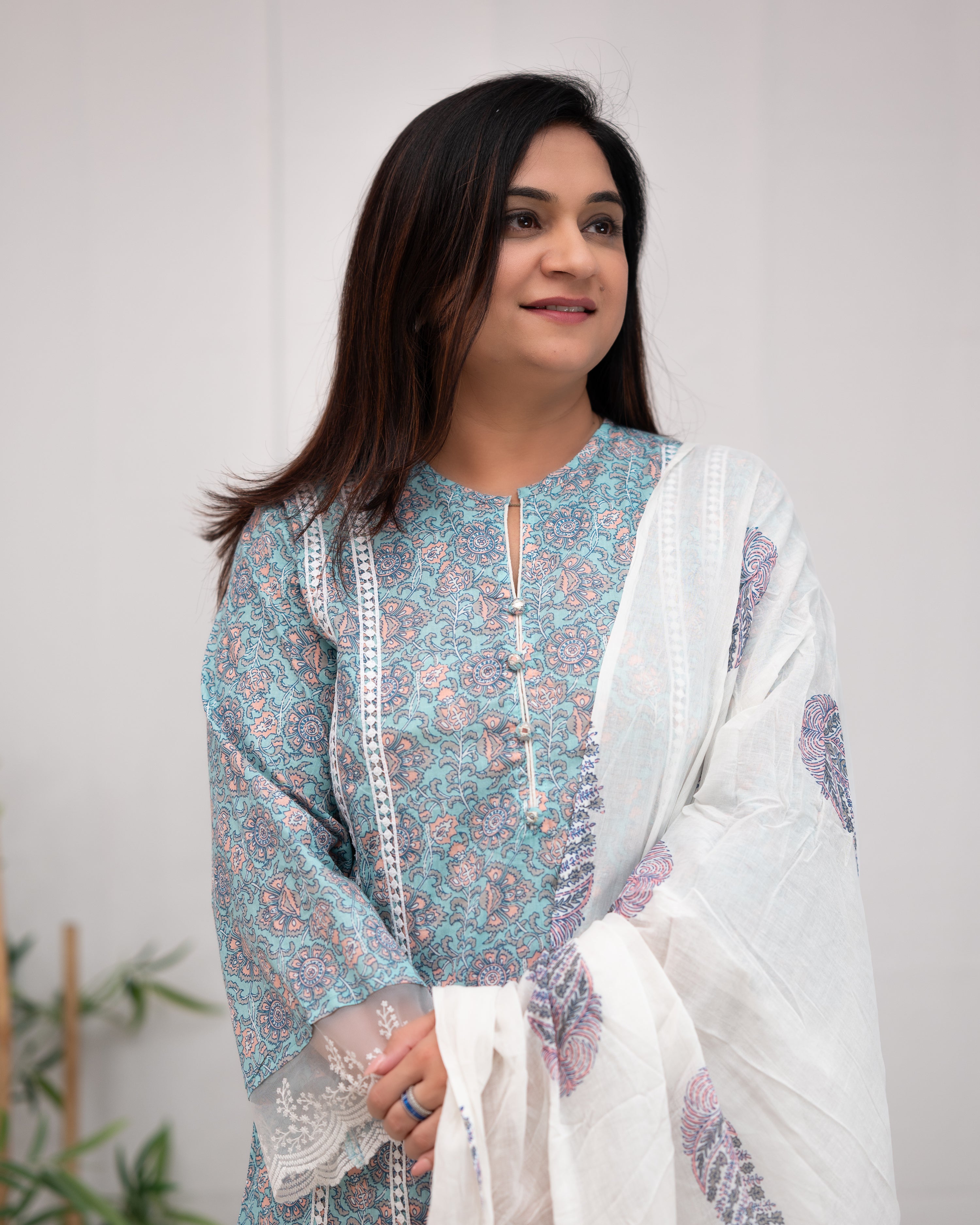 Zoha Cotton A-line Pakistani Suit with Lace Detailing - The Jaipur Studio