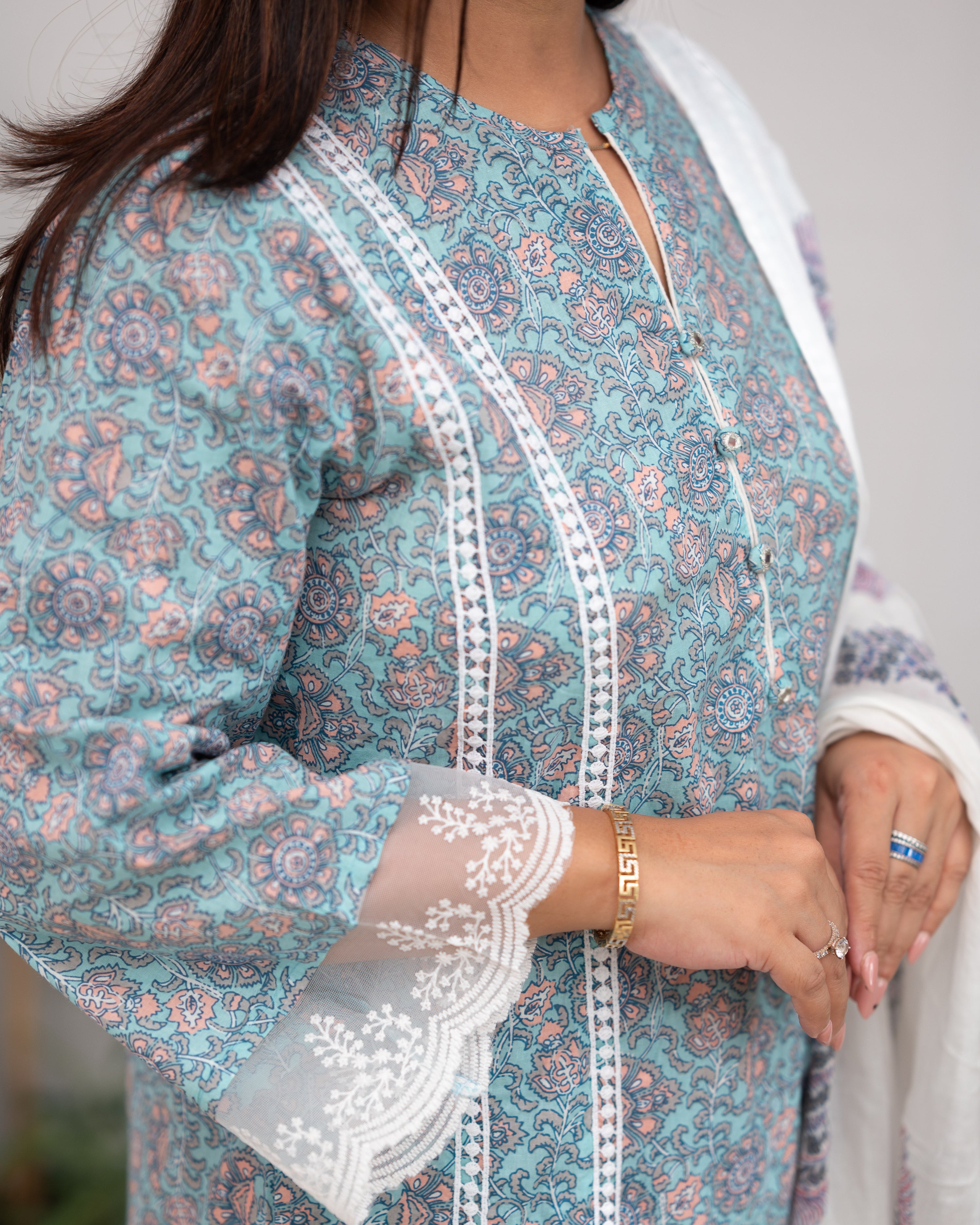 Zoha Cotton A-line Pakistani Suit with Lace Detailing - The Jaipur Studio