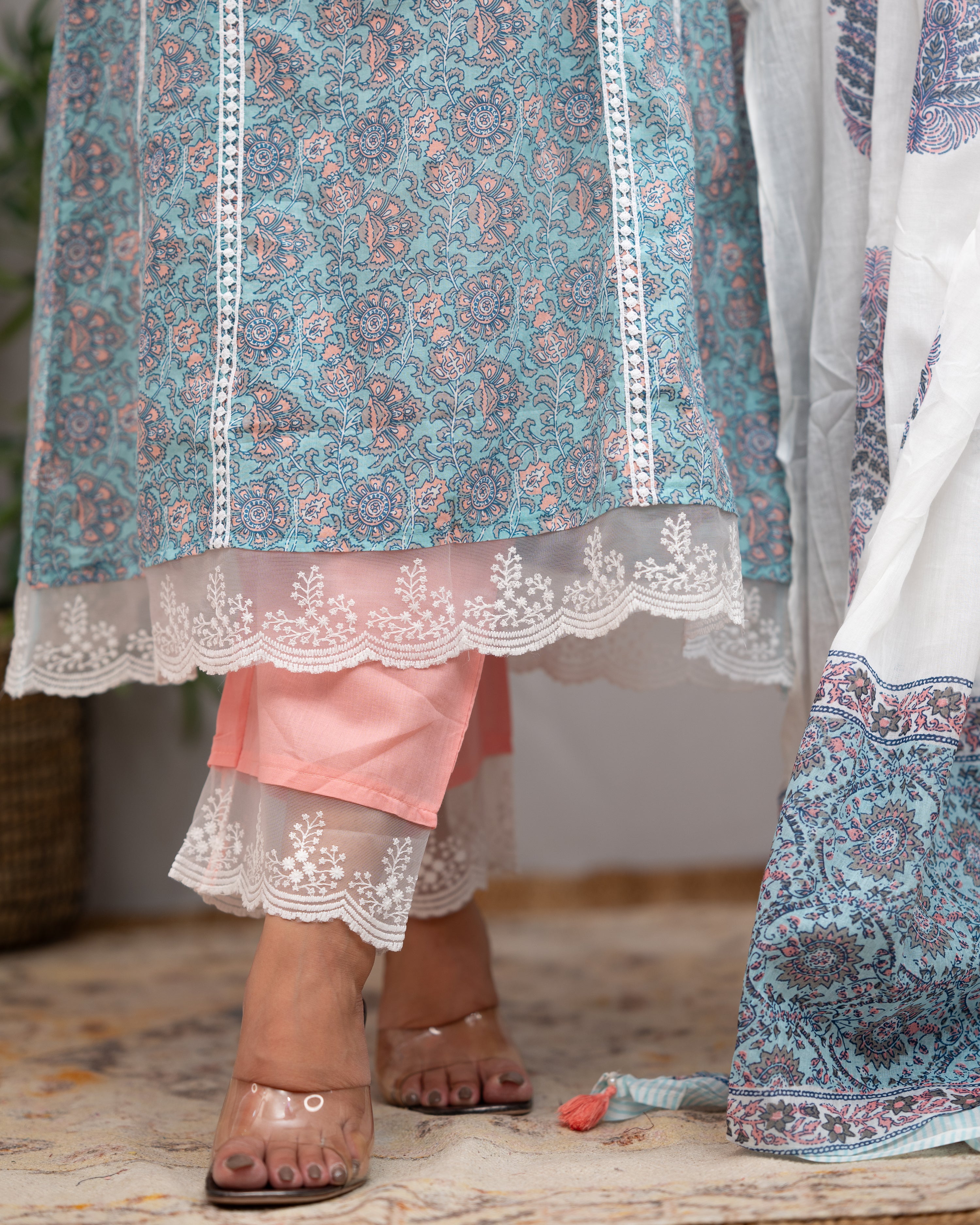 Zoha Cotton A-line Pakistani Suit with Lace Detailing - The Jaipur Studio