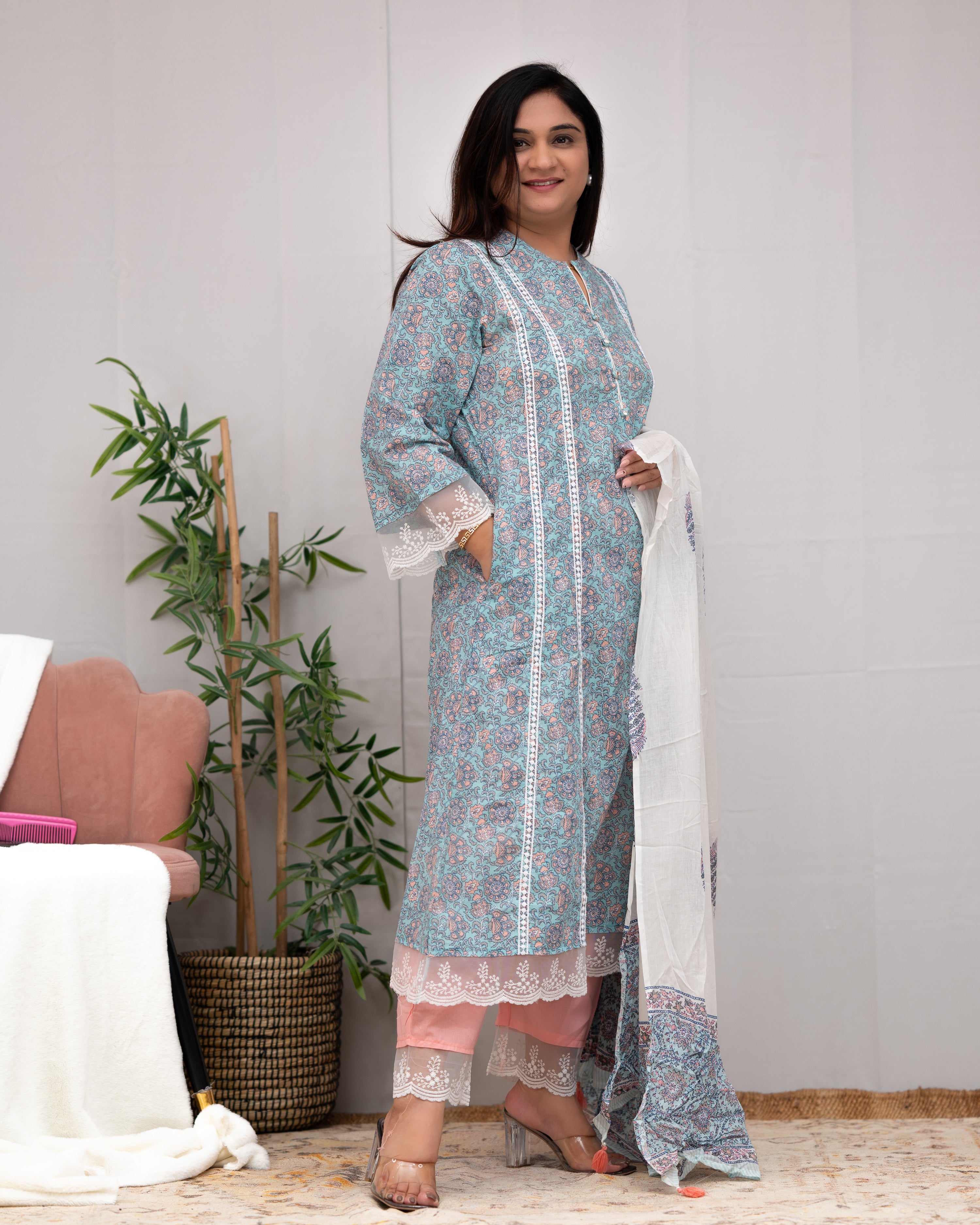 Zoha Cotton A-line Pakistani Suit with Lace Detailing - The Jaipur Studio