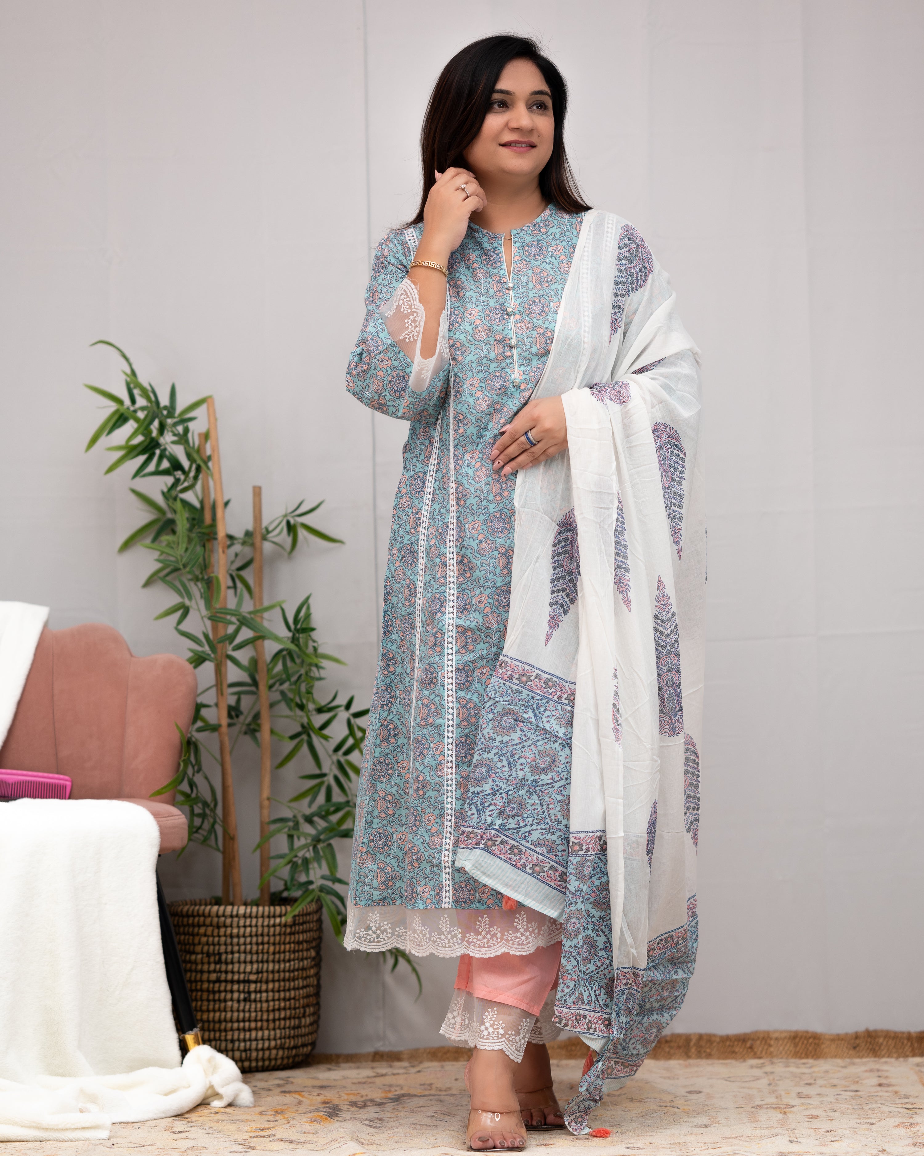 Zoha Cotton A-line Pakistani Suit with Lace Detailing - The Jaipur Studio