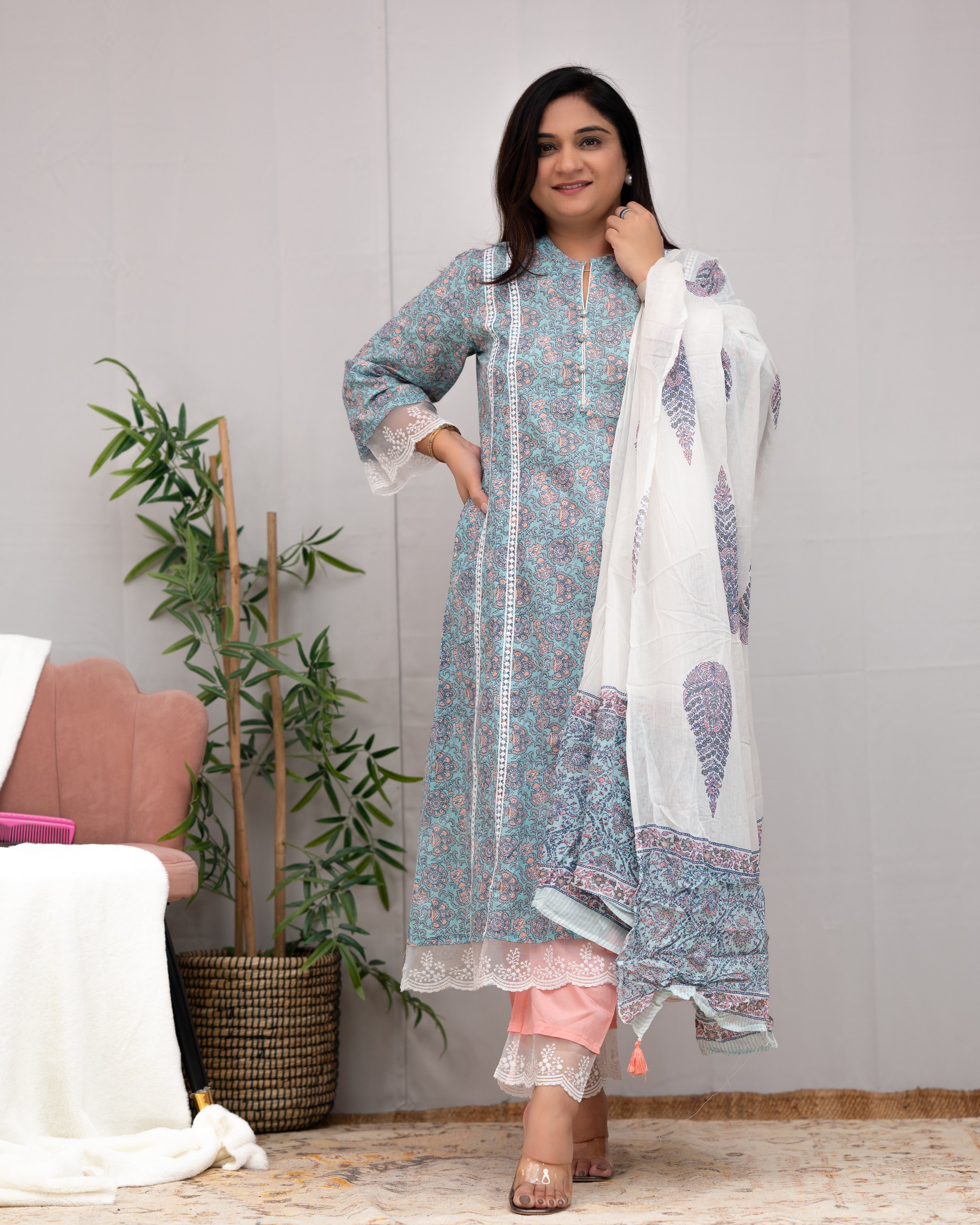 Zoha Cotton A-line Pakistani Suit with Lace Detailing - The Jaipur Studio