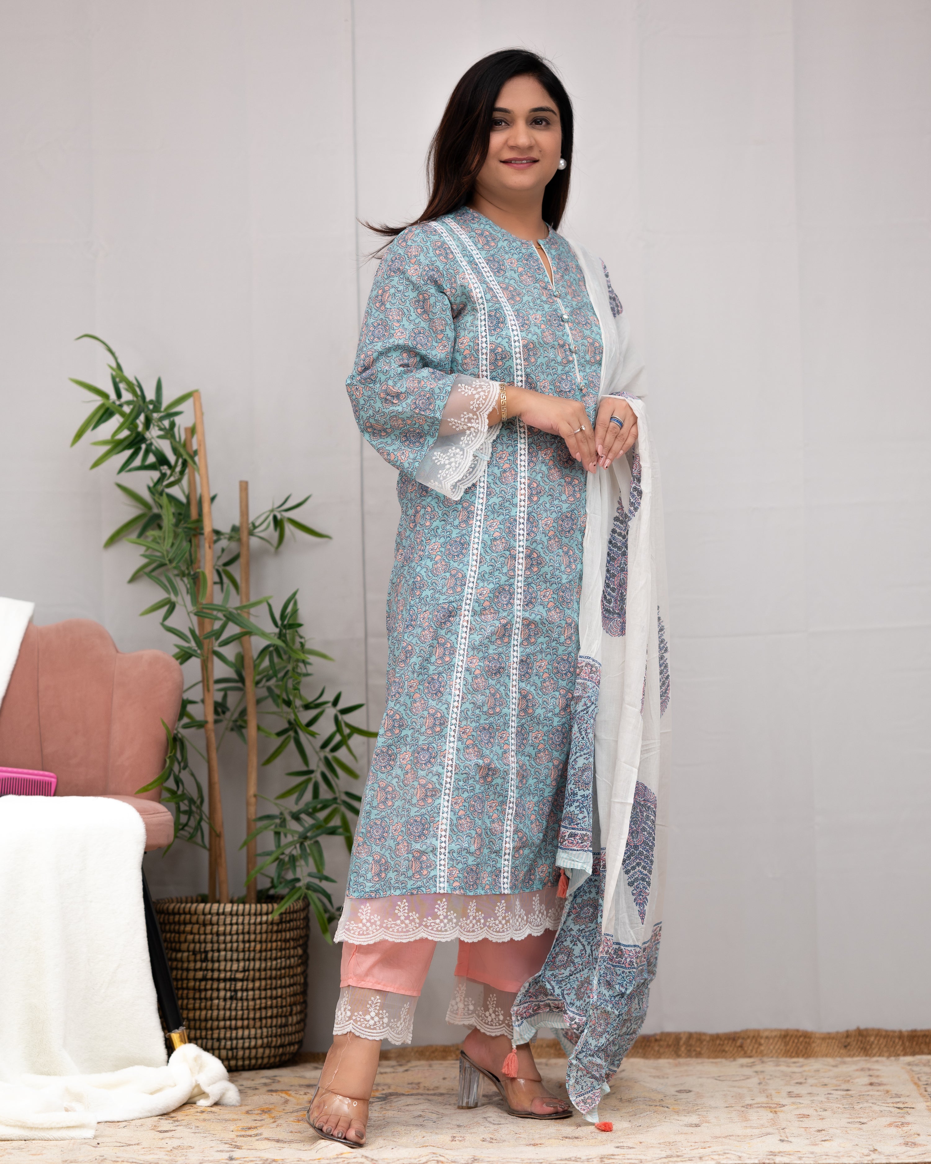 Zoha Cotton A-line Pakistani Suit with Lace Detailing - The Jaipur Studio