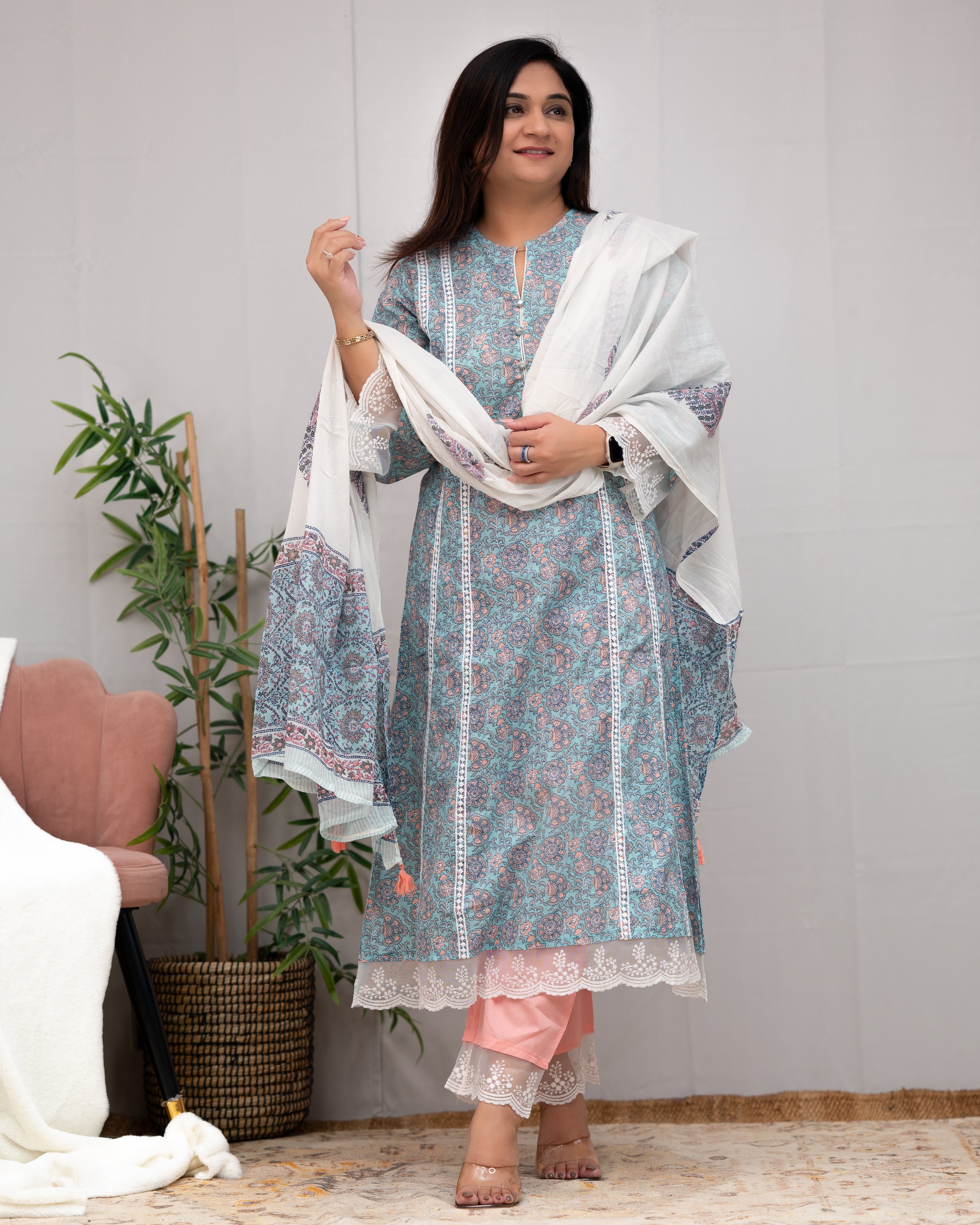 Zoha Cotton A-line Pakistani Suit with Lace Detailing - The Jaipur Studio