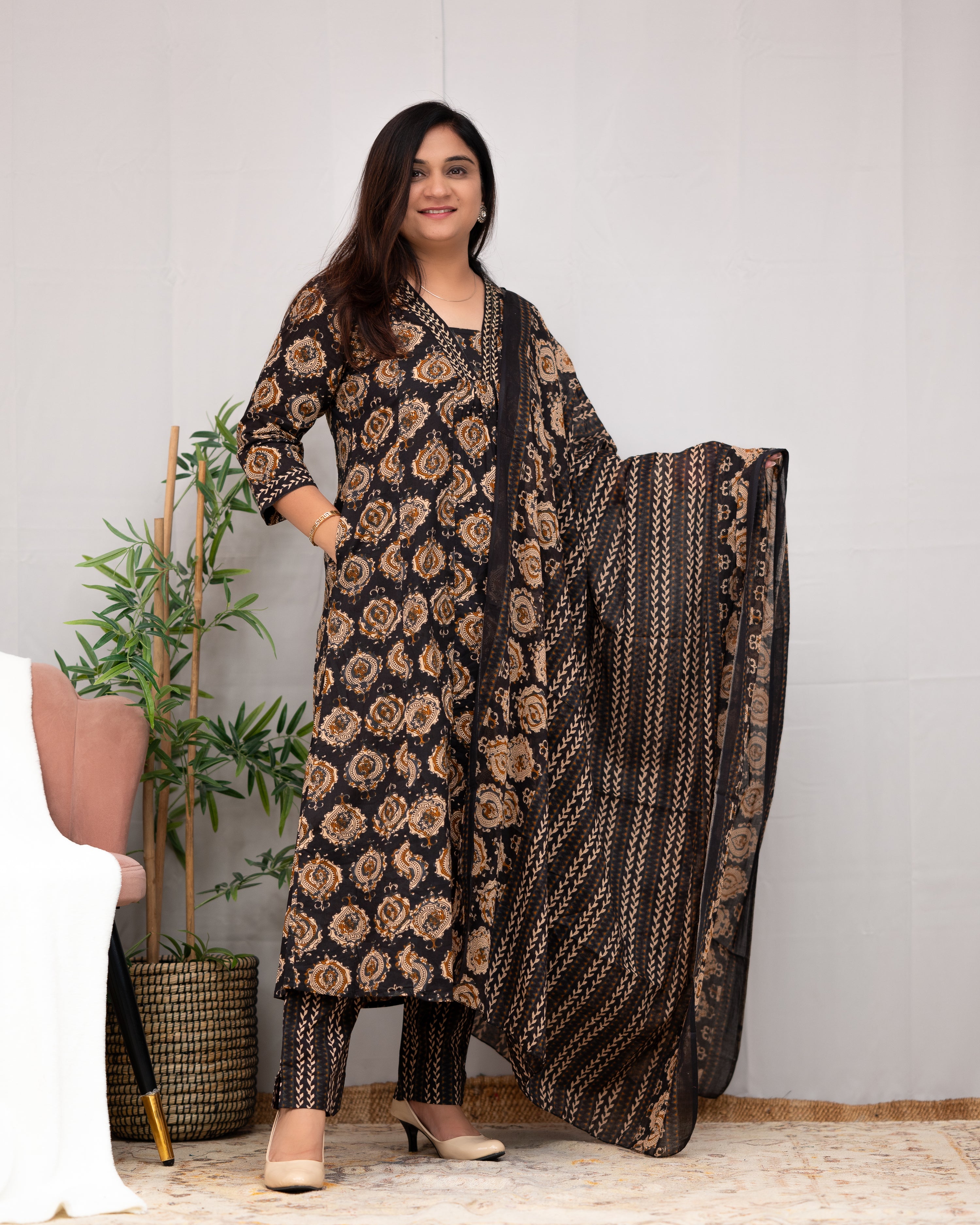 Vanilla Ajrakh A-line pant Set with Pockets - The Jaipur Studio