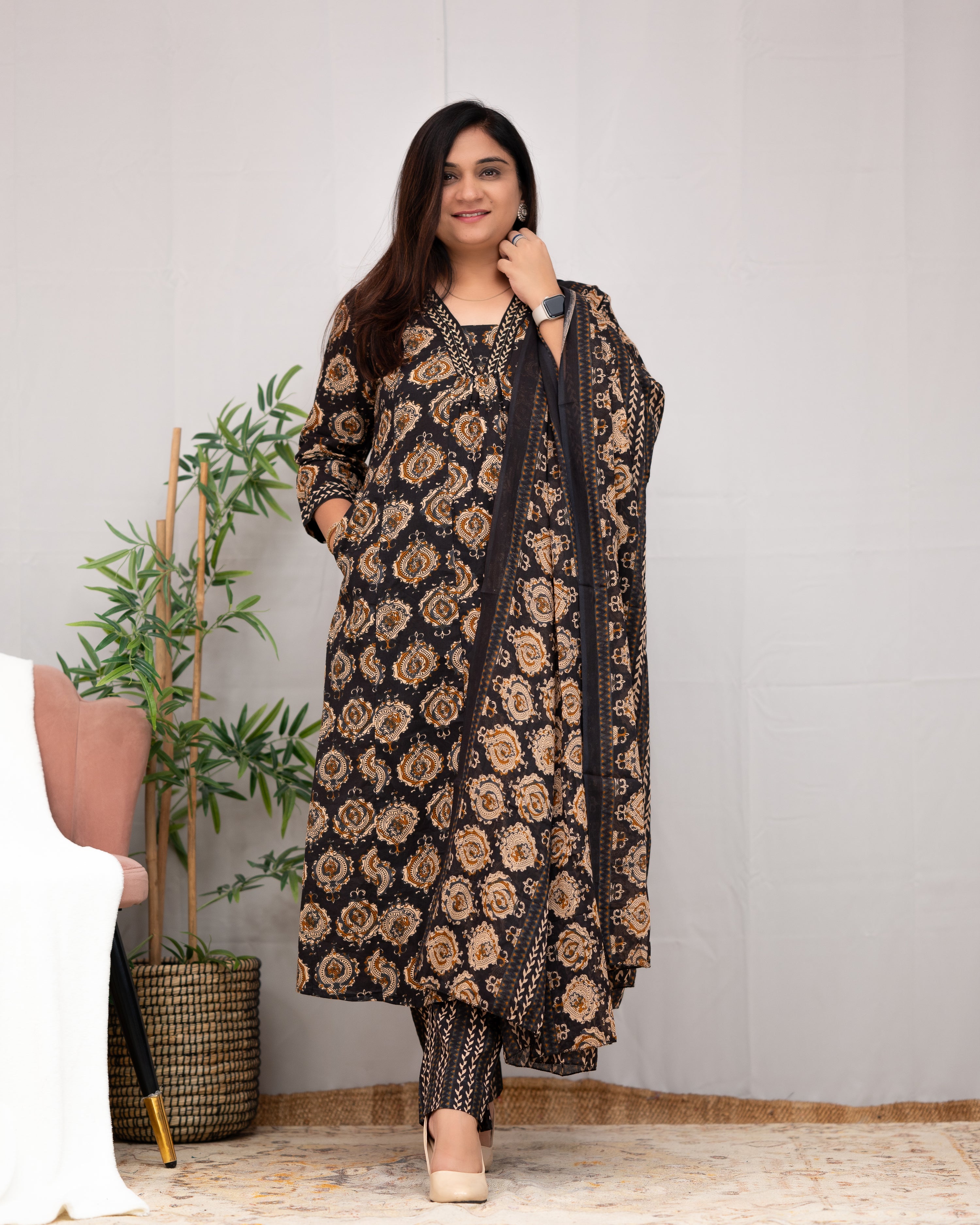 Vanilla Ajrakh A-line pant Set with Pockets - The Jaipur Studio