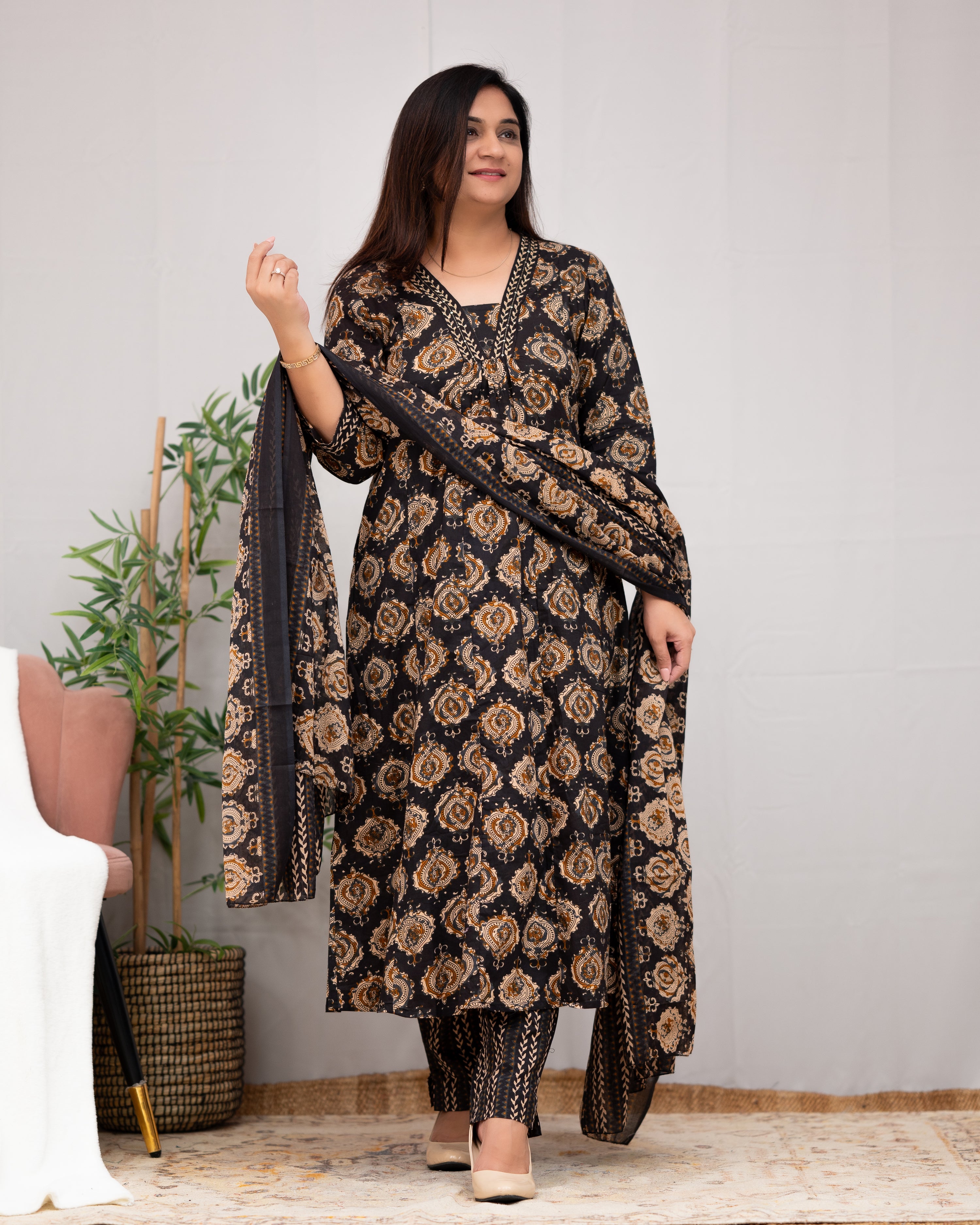 Vanilla Ajrakh A-line pant Set with Pockets - The Jaipur Studio