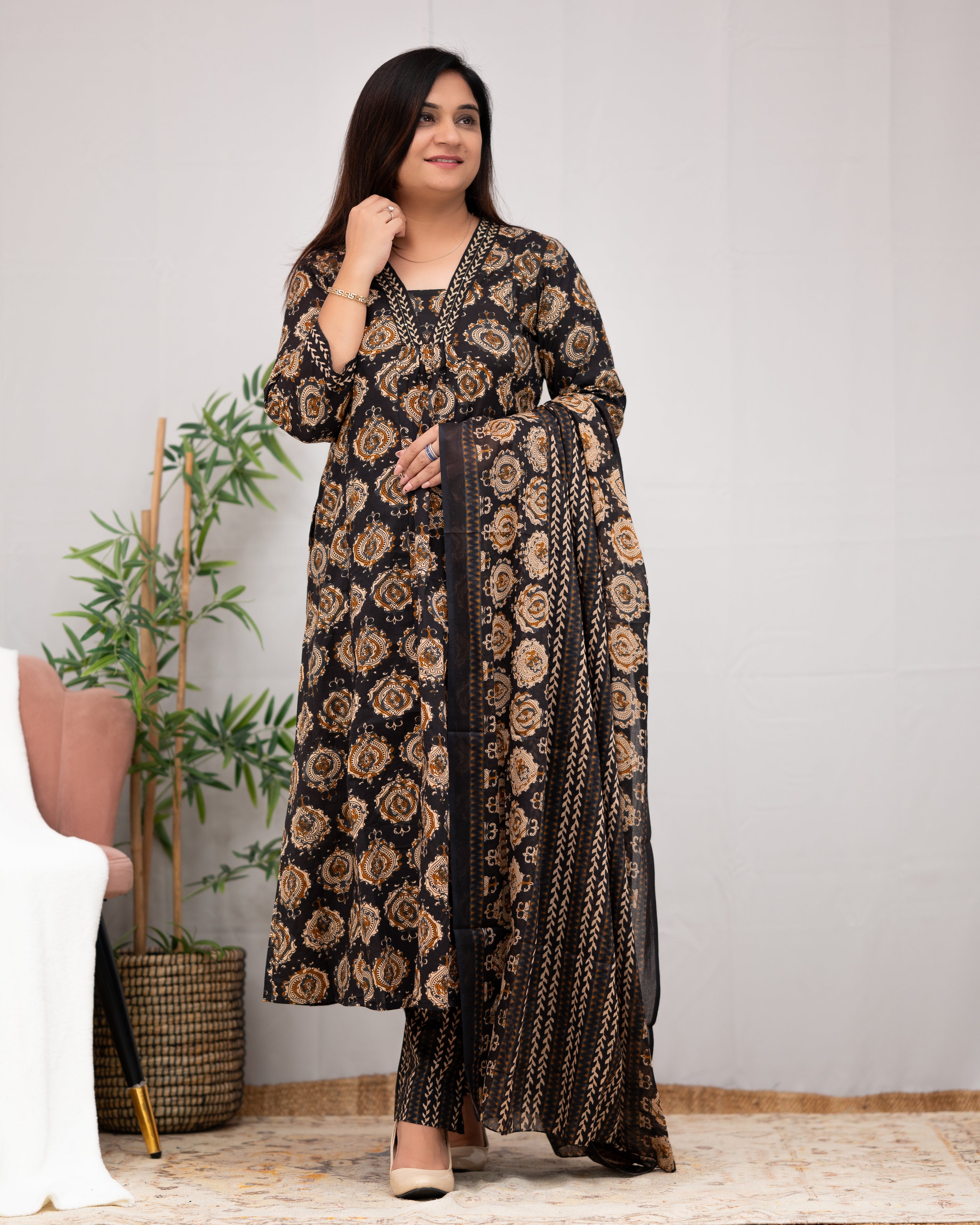 Vanilla Ajrakh A-line pant Set with Pockets - The Jaipur Studio