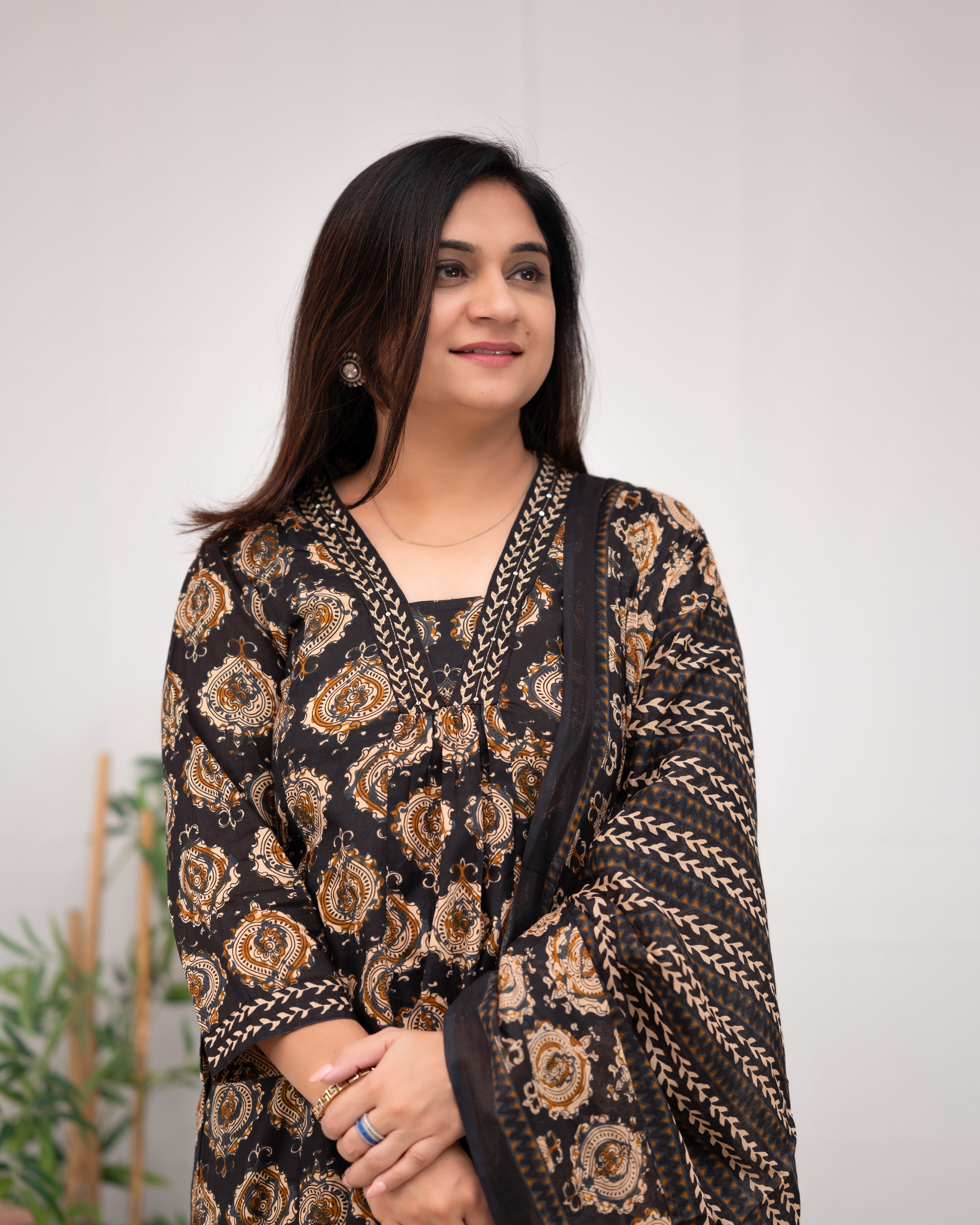 Vanilla Ajrakh A-line pant Set with Pockets - The Jaipur Studio