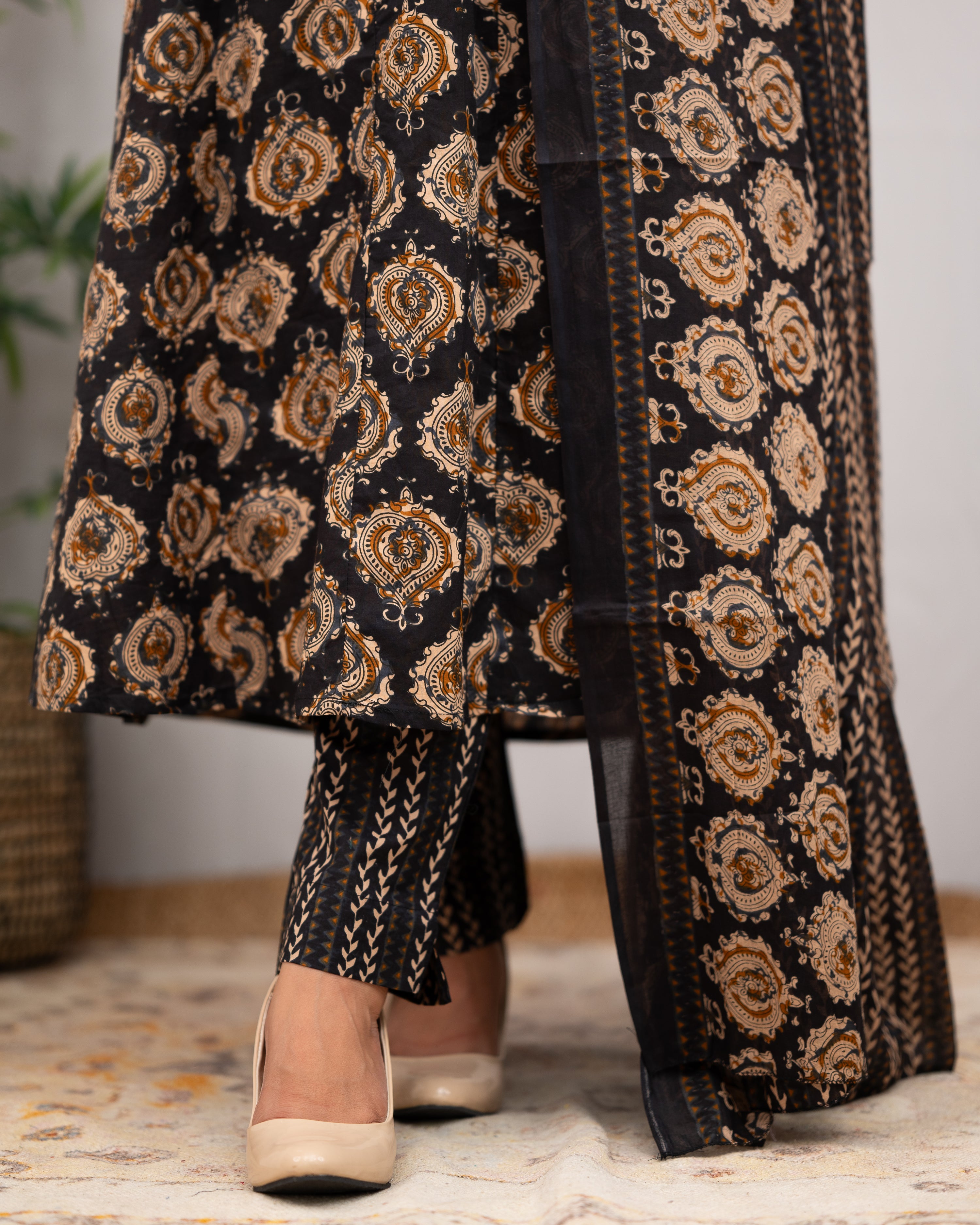 Vanilla Ajrakh A-line pant Set with Pockets - The Jaipur Studio