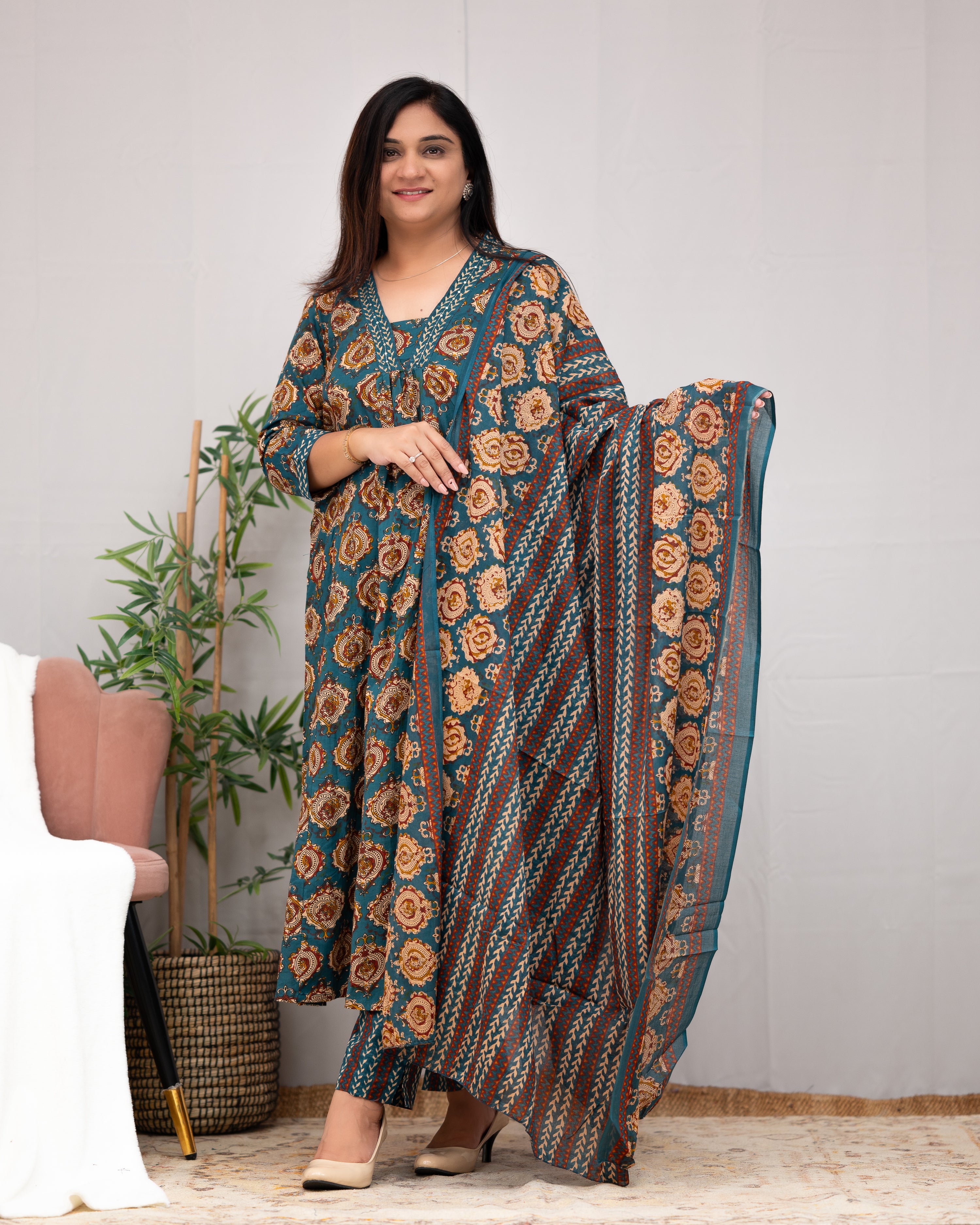 Vanilla Ajrakh A-line pant Set with Pockets - The Jaipur Studio