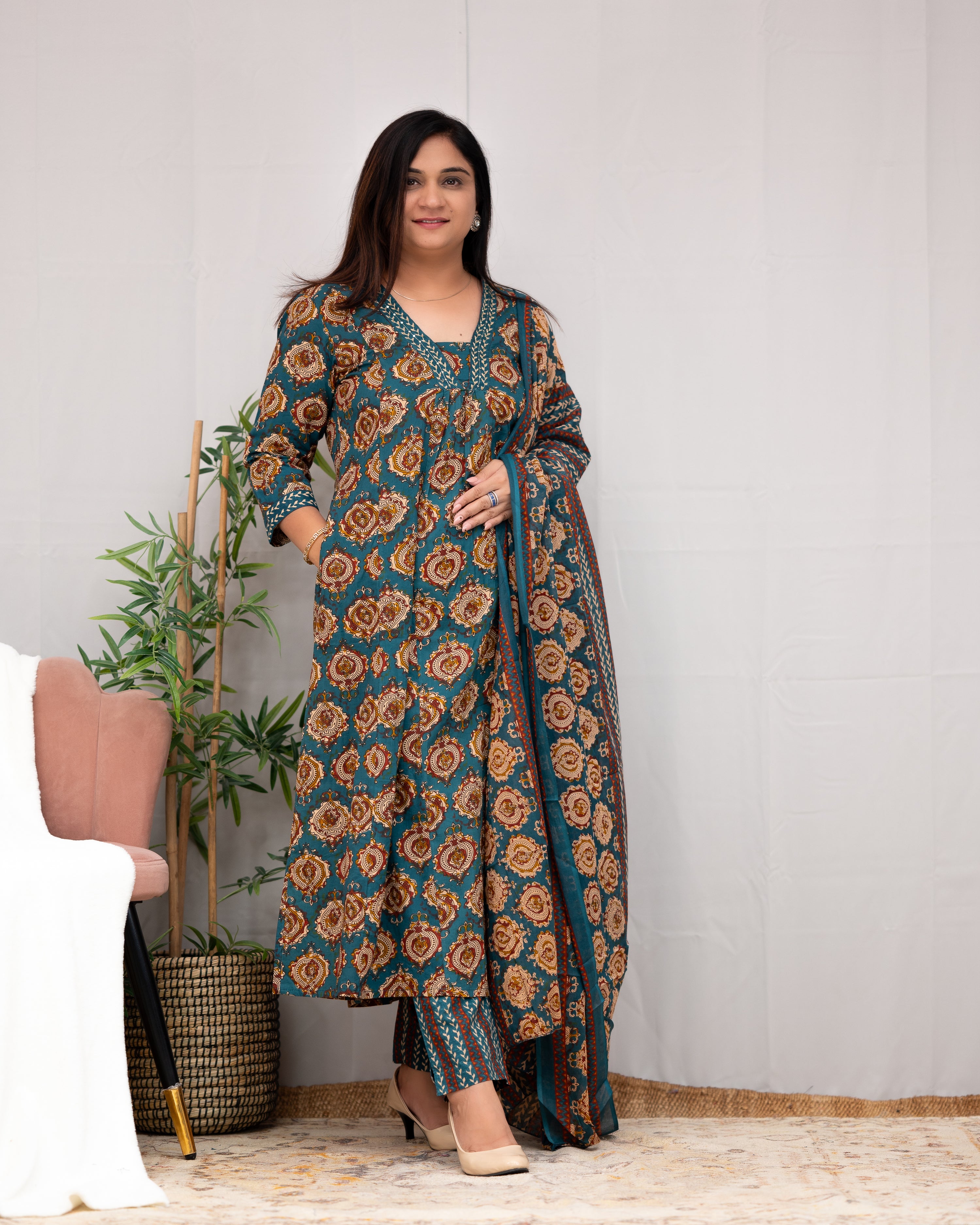 Vanilla Ajrakh A-line pant Set with Pockets - The Jaipur Studio