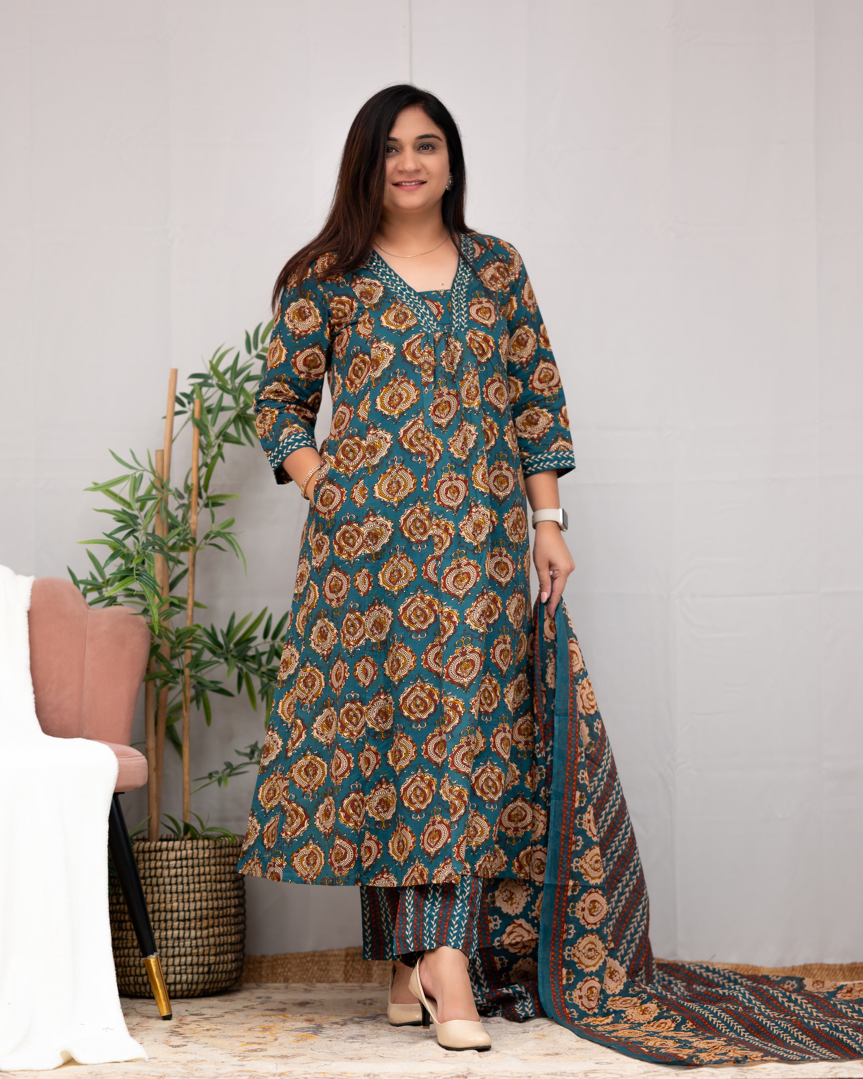 Vanilla Ajrakh A-line pant Set with Pockets - The Jaipur Studio