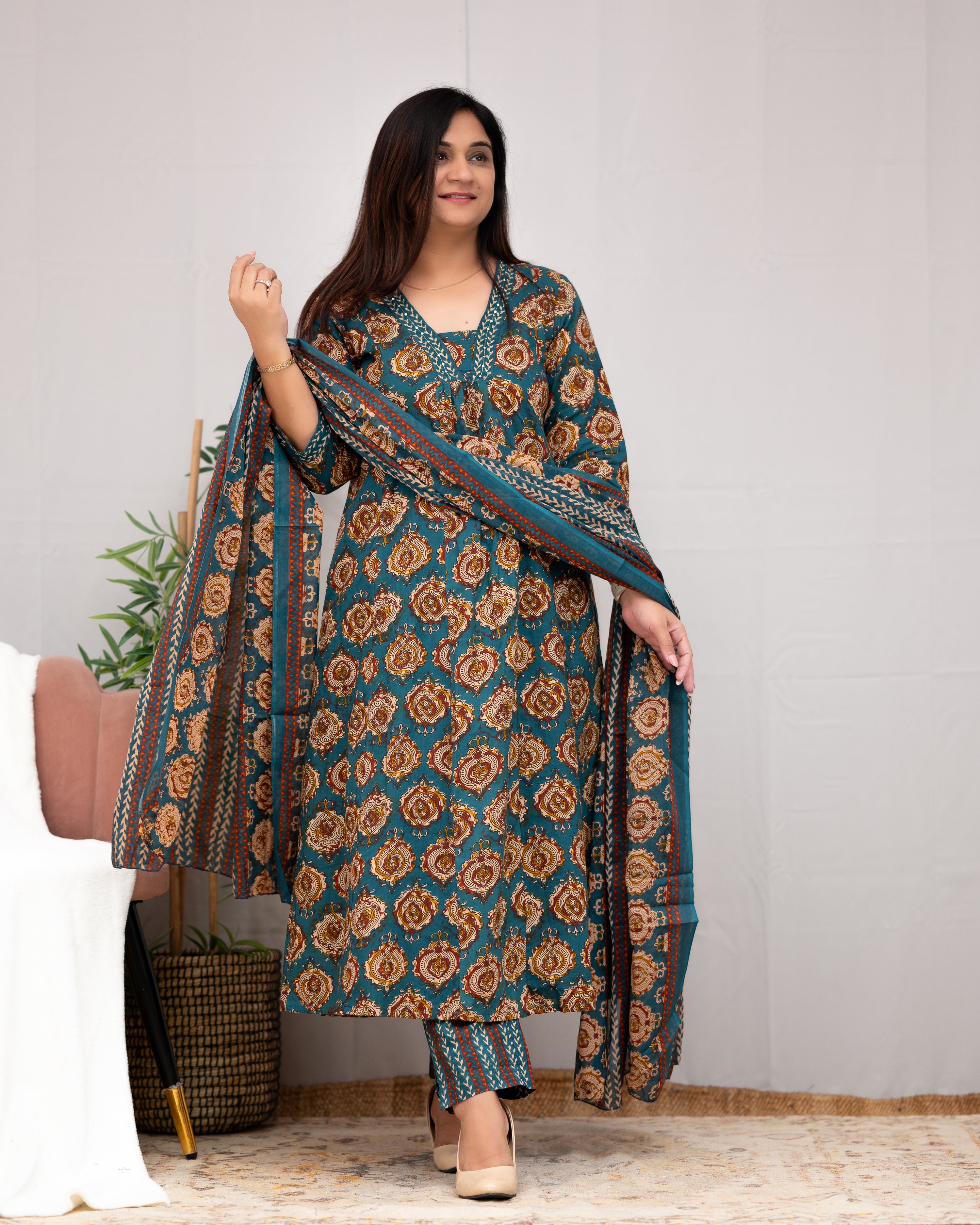 Vanilla Ajrakh A-line pant Set with Pockets - The Jaipur Studio