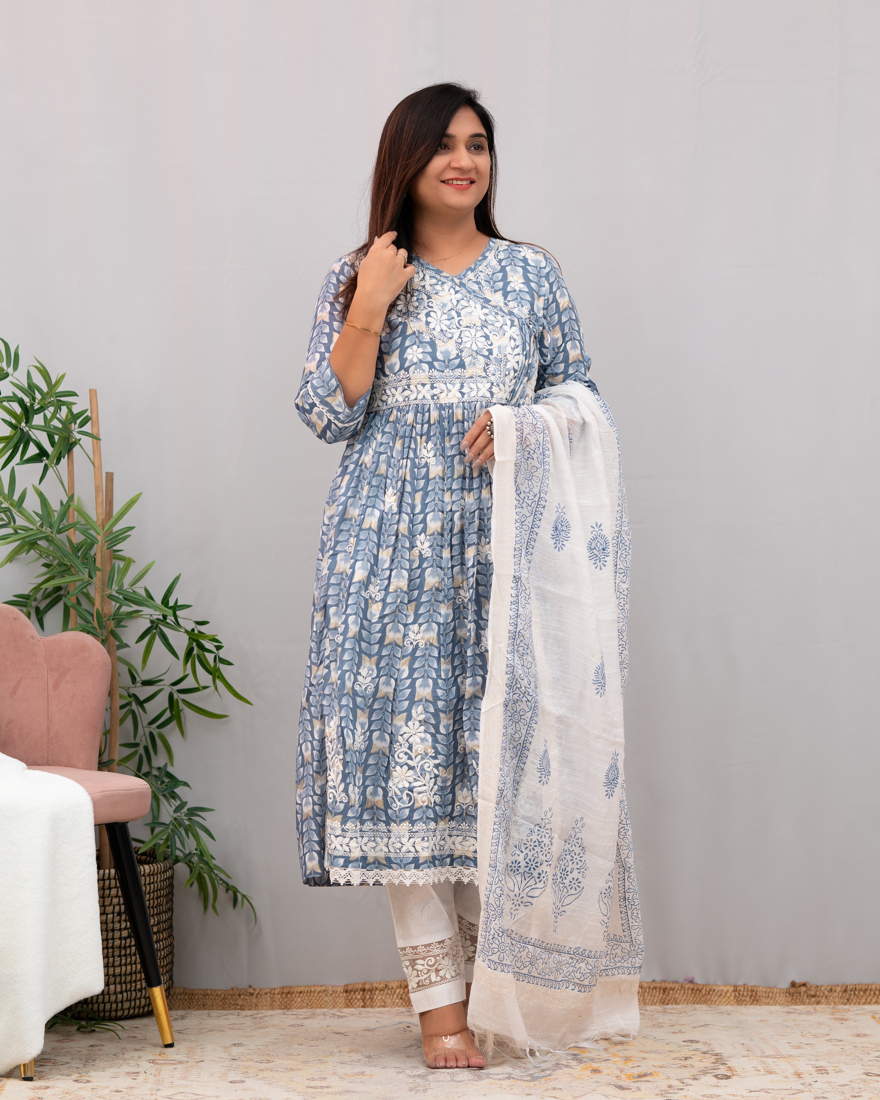 Nutan Cotton Chikankari Embroidered Nyra pant Set - The Jaipur Studio