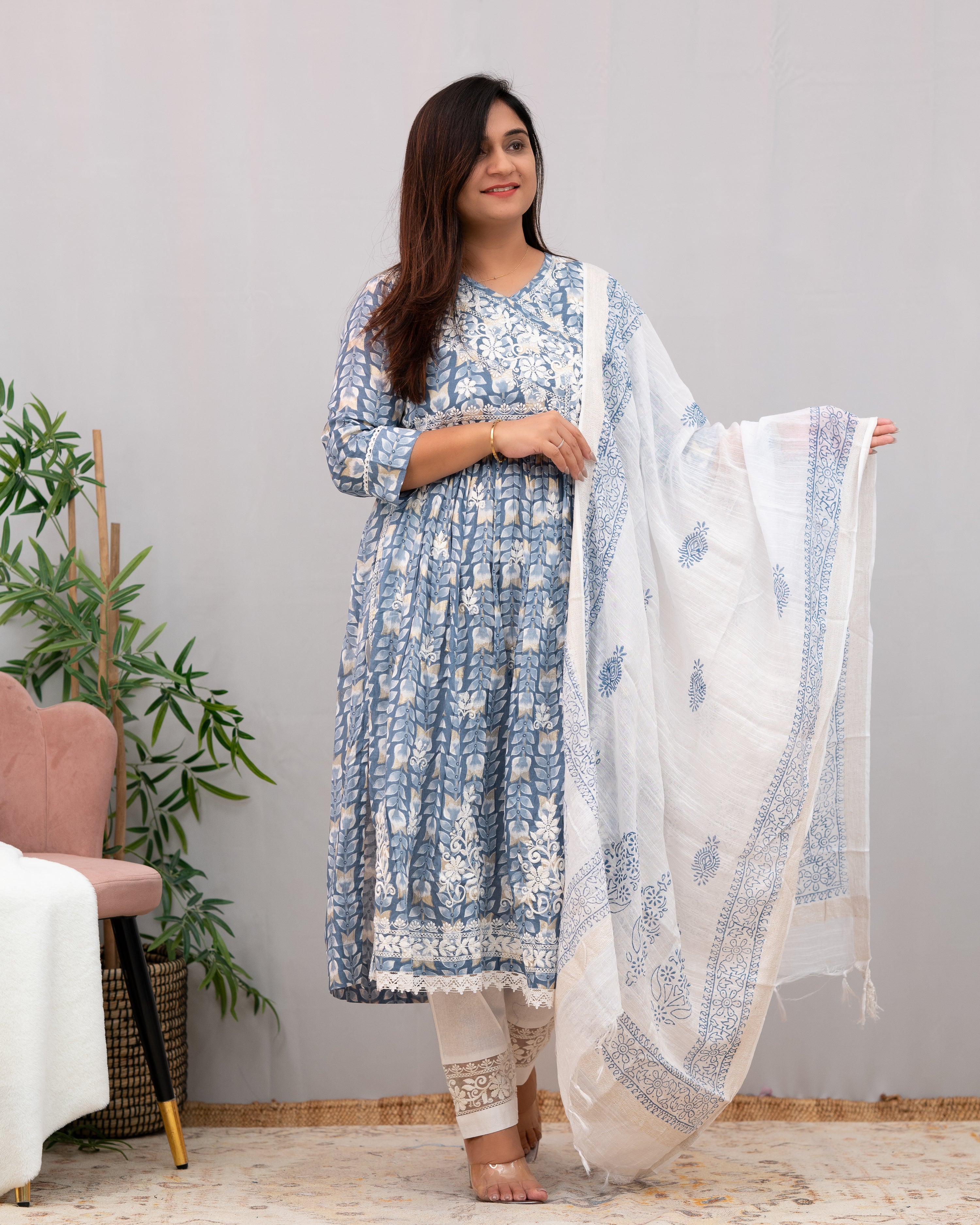 Nutan Cotton Chikankari Embroidered Nyra pant Set - The Jaipur Studio