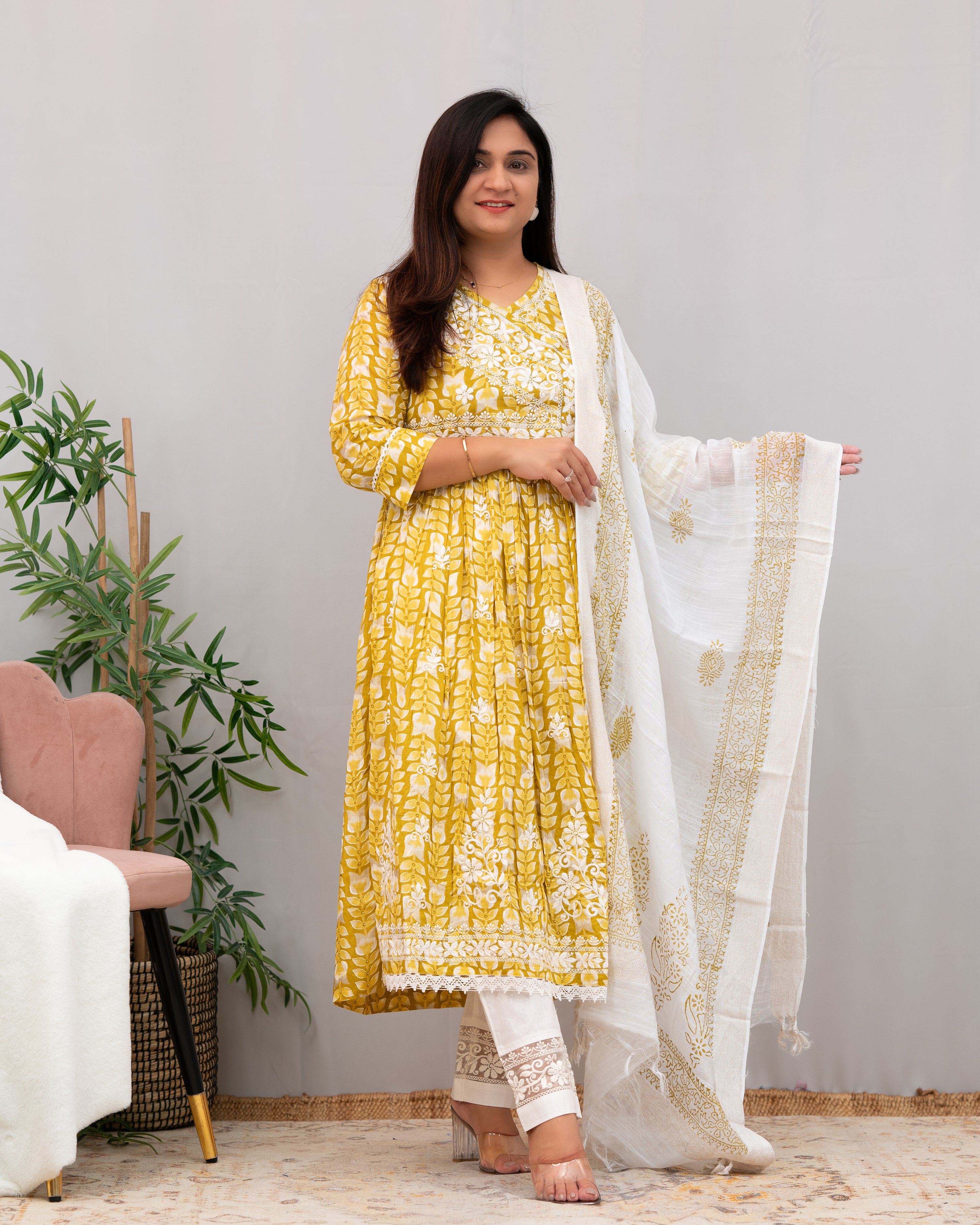 Nutan Cotton Chikankari Embroidered Nyra pant Set - The Jaipur Studio