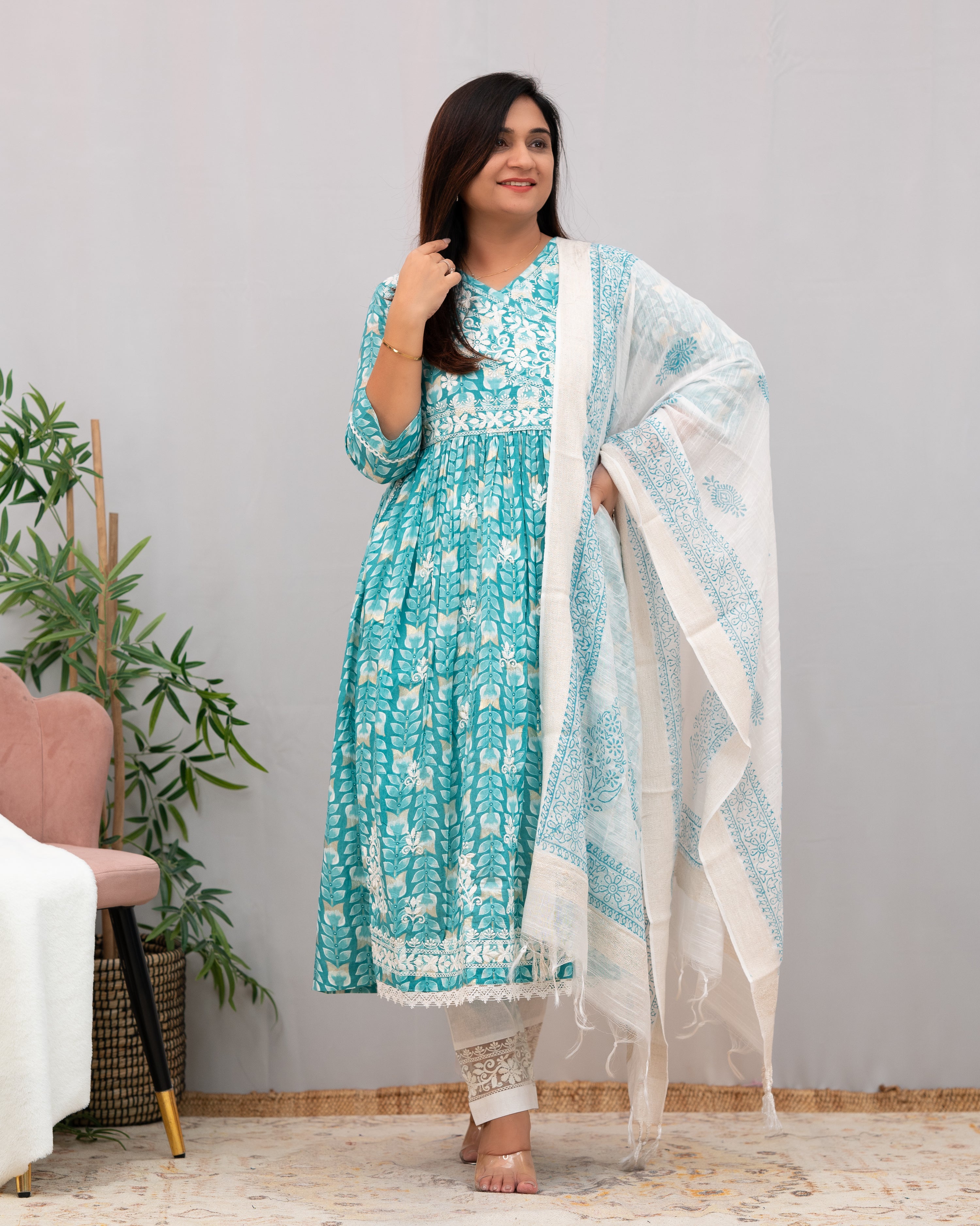 Nutan Cotton Chikankari Embroidered Nyra pant Set - The Jaipur Studio
