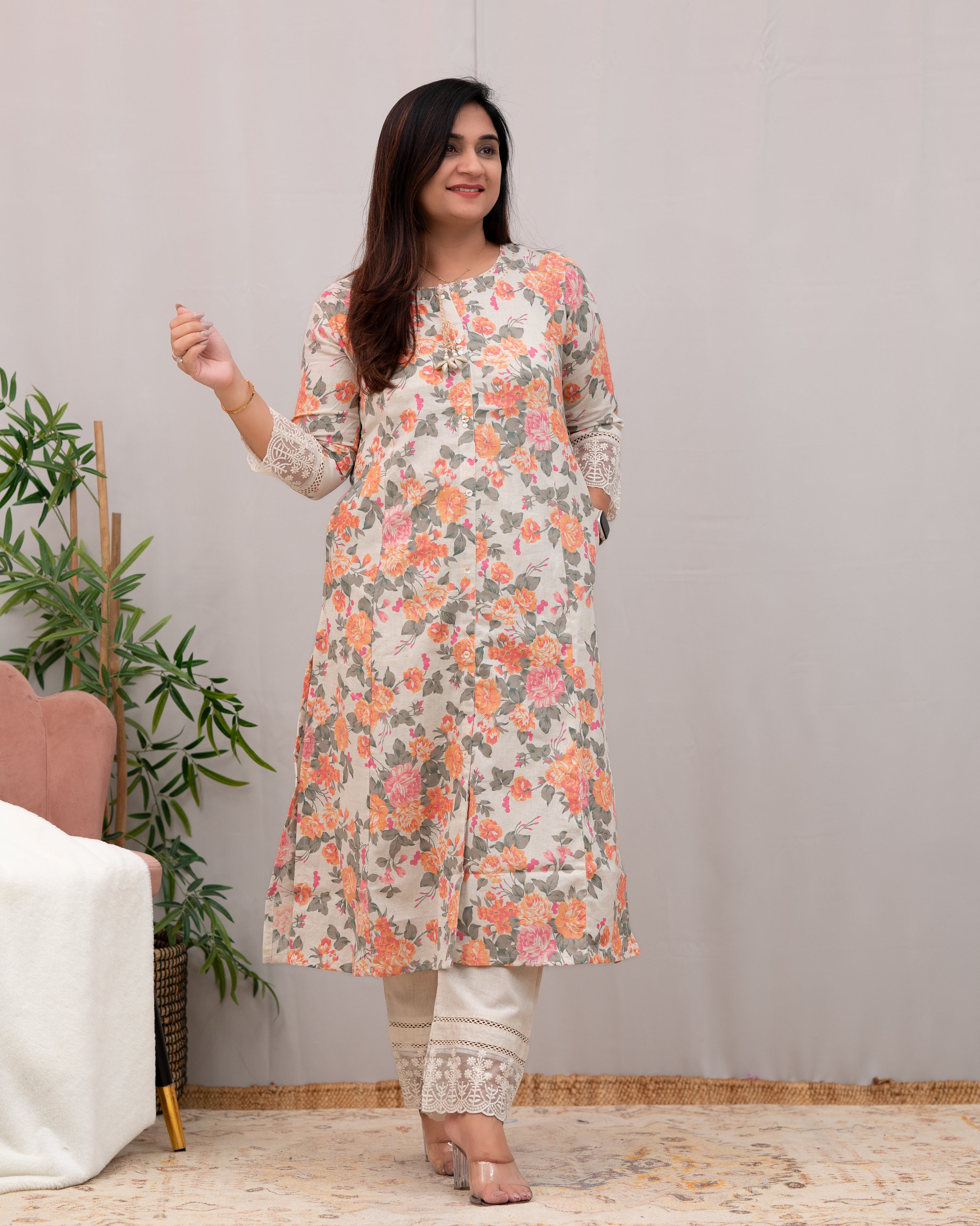 Fiza Floral Cotton A-line Pant Set - The Jaipur Studio
