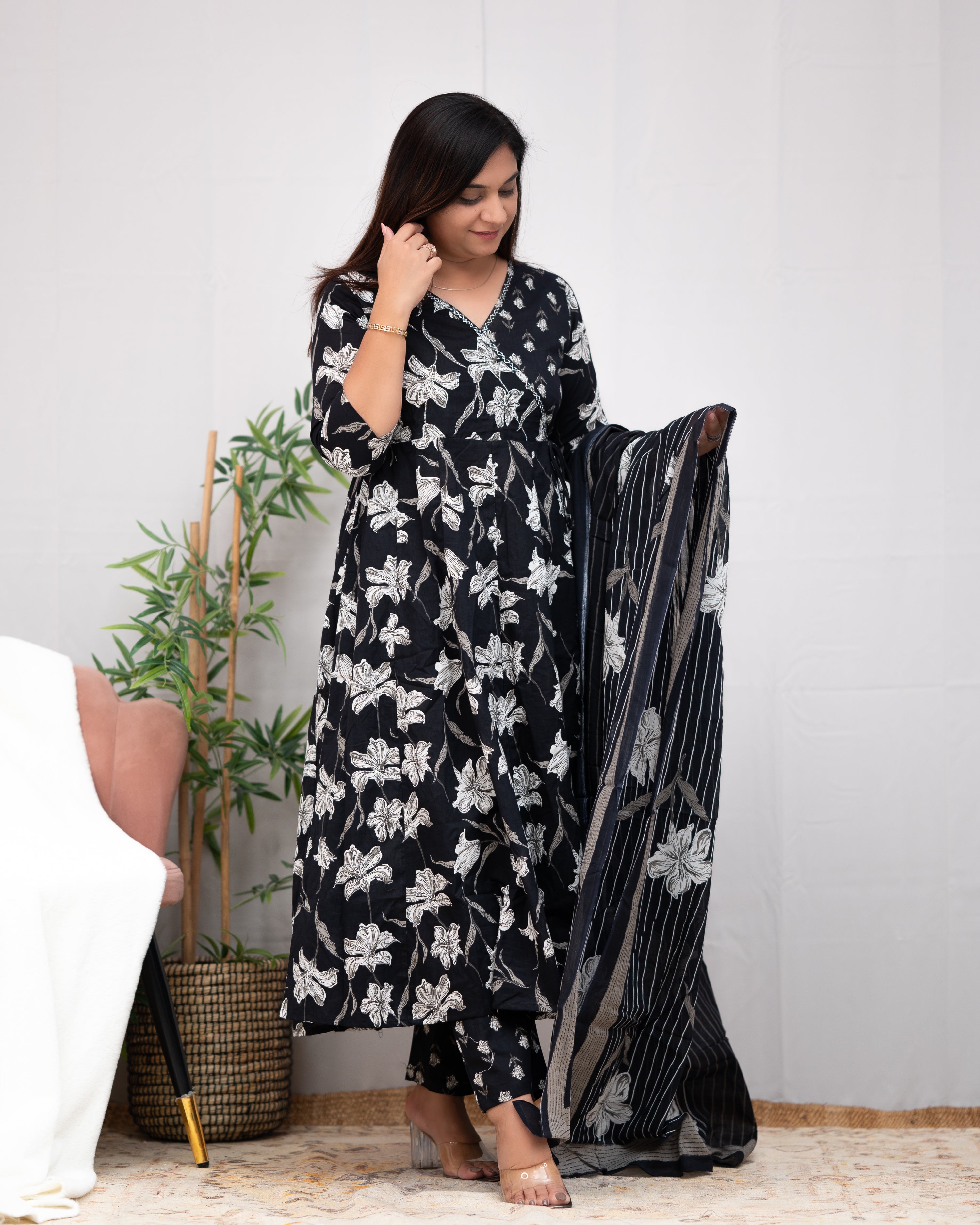 Annie Cotton Badla Embroidered Angrakha Anarkali Set - The Jaipur Studio
