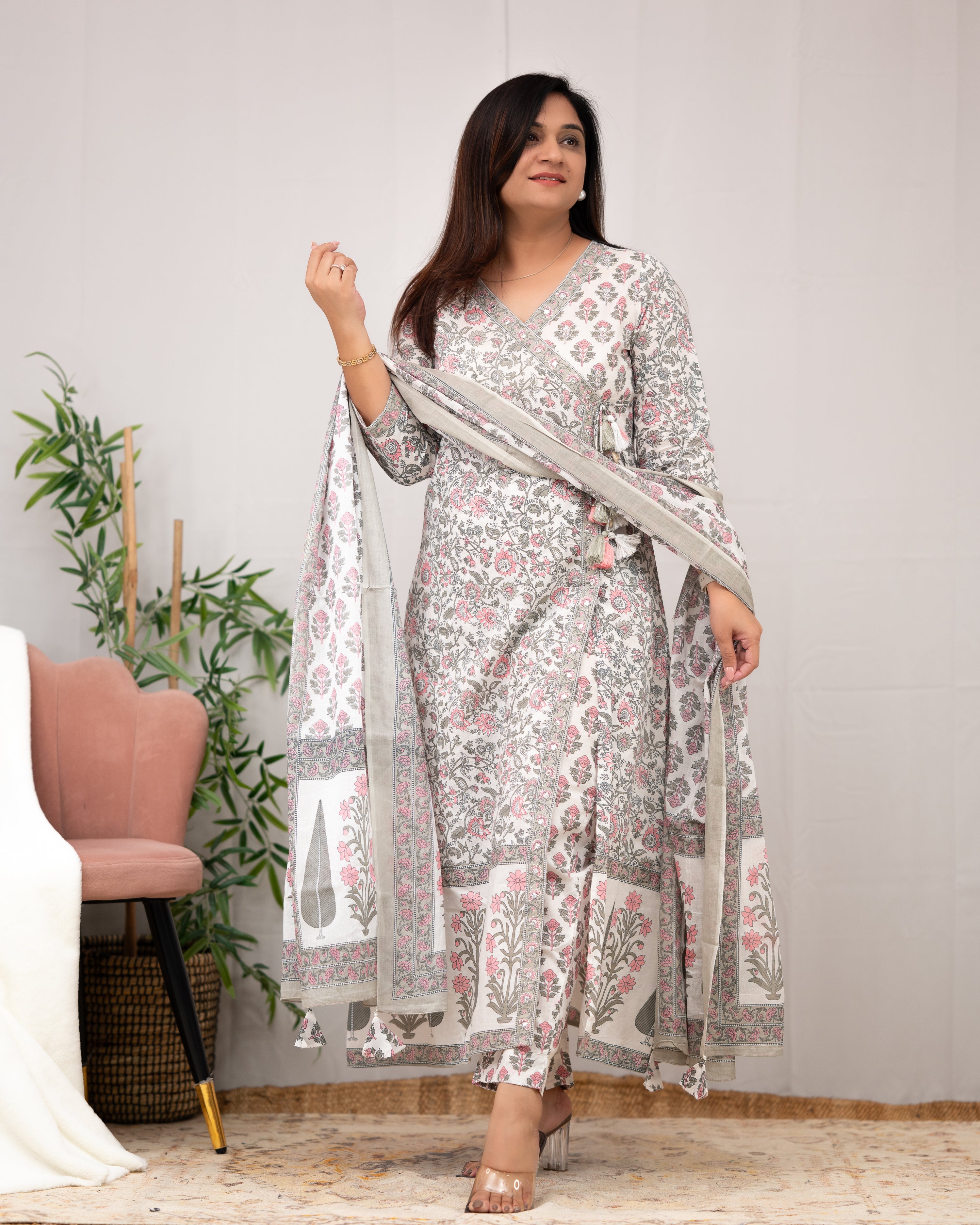 Aadhaya Angrakha Handblock Front Slit Pant Set - The Jaipur Studio