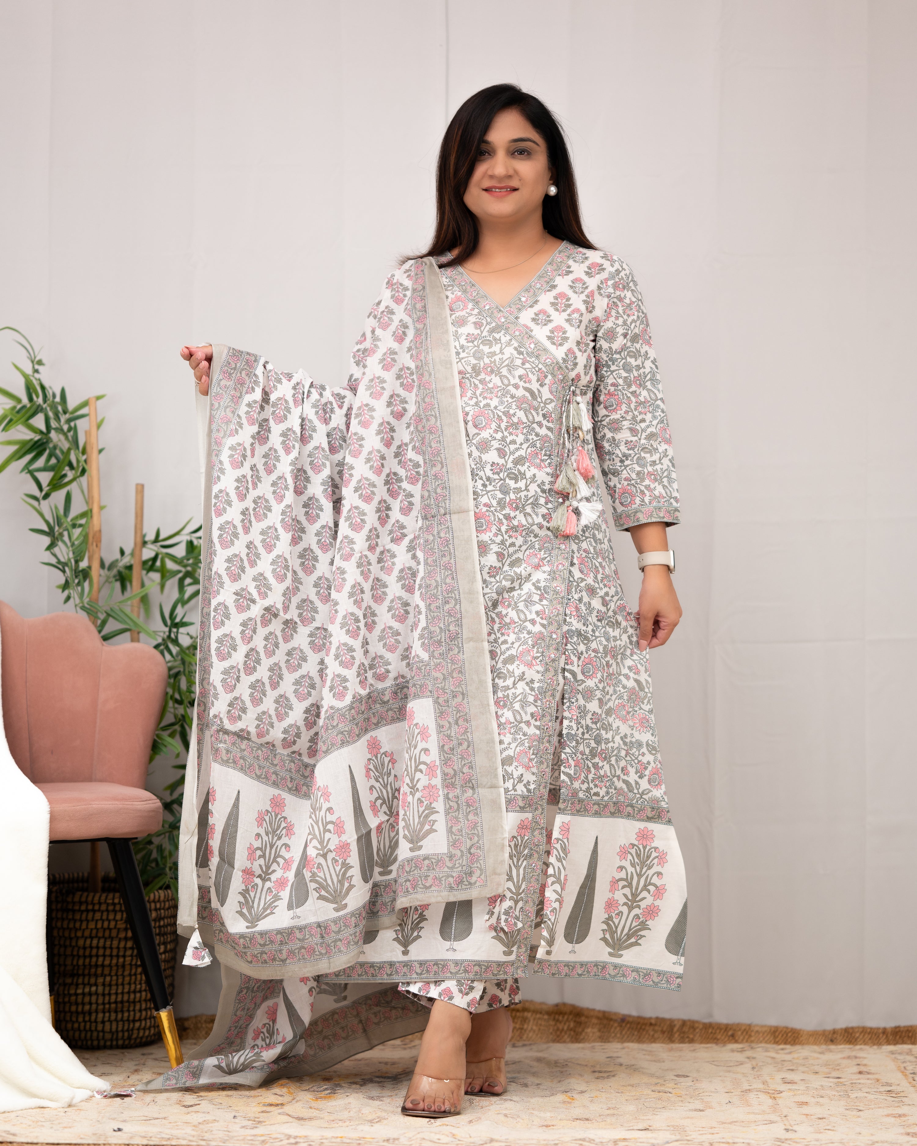 Aadhaya Angrakha Handblock Front Slit Pant Set - The Jaipur Studio