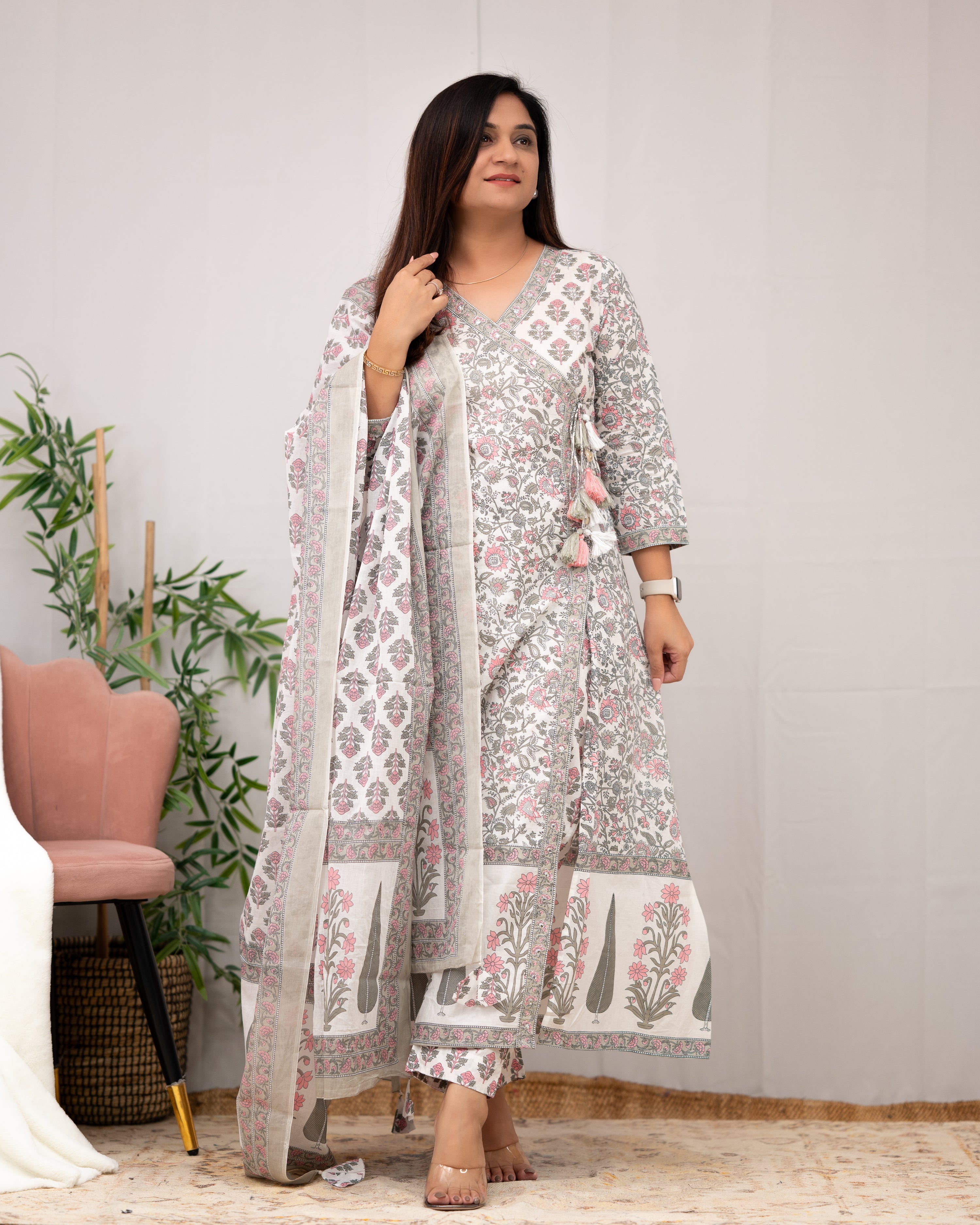 Aadhaya Angrakha Handblock Front Slit Pant Set - The Jaipur Studio