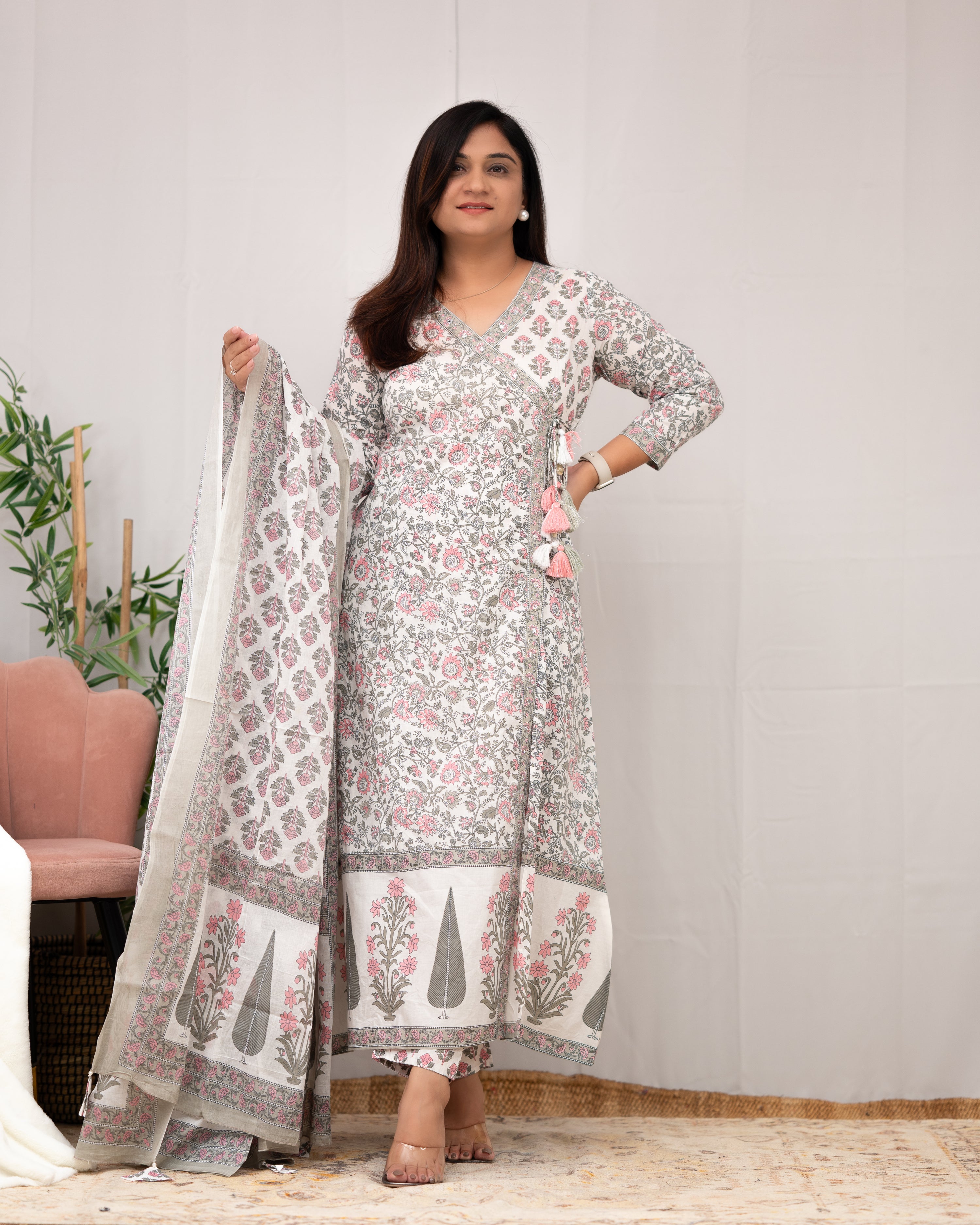 Aadhaya Angrakha Handblock Front Slit Pant Set - The Jaipur Studio