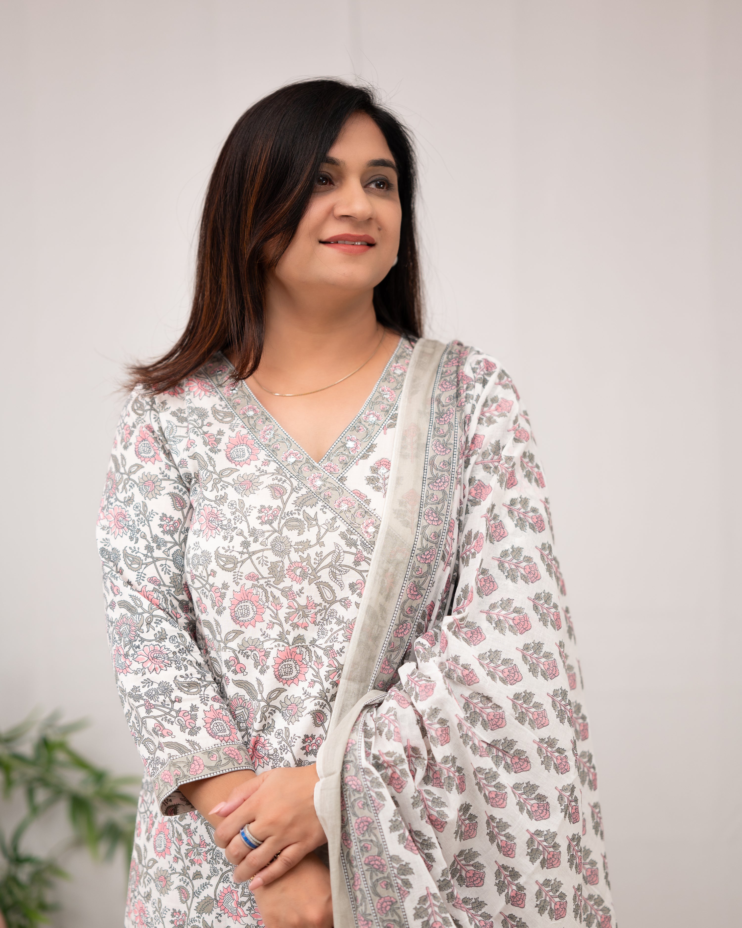 Aadhaya Angrakha Handblock Front Slit Pant Set - The Jaipur Studio