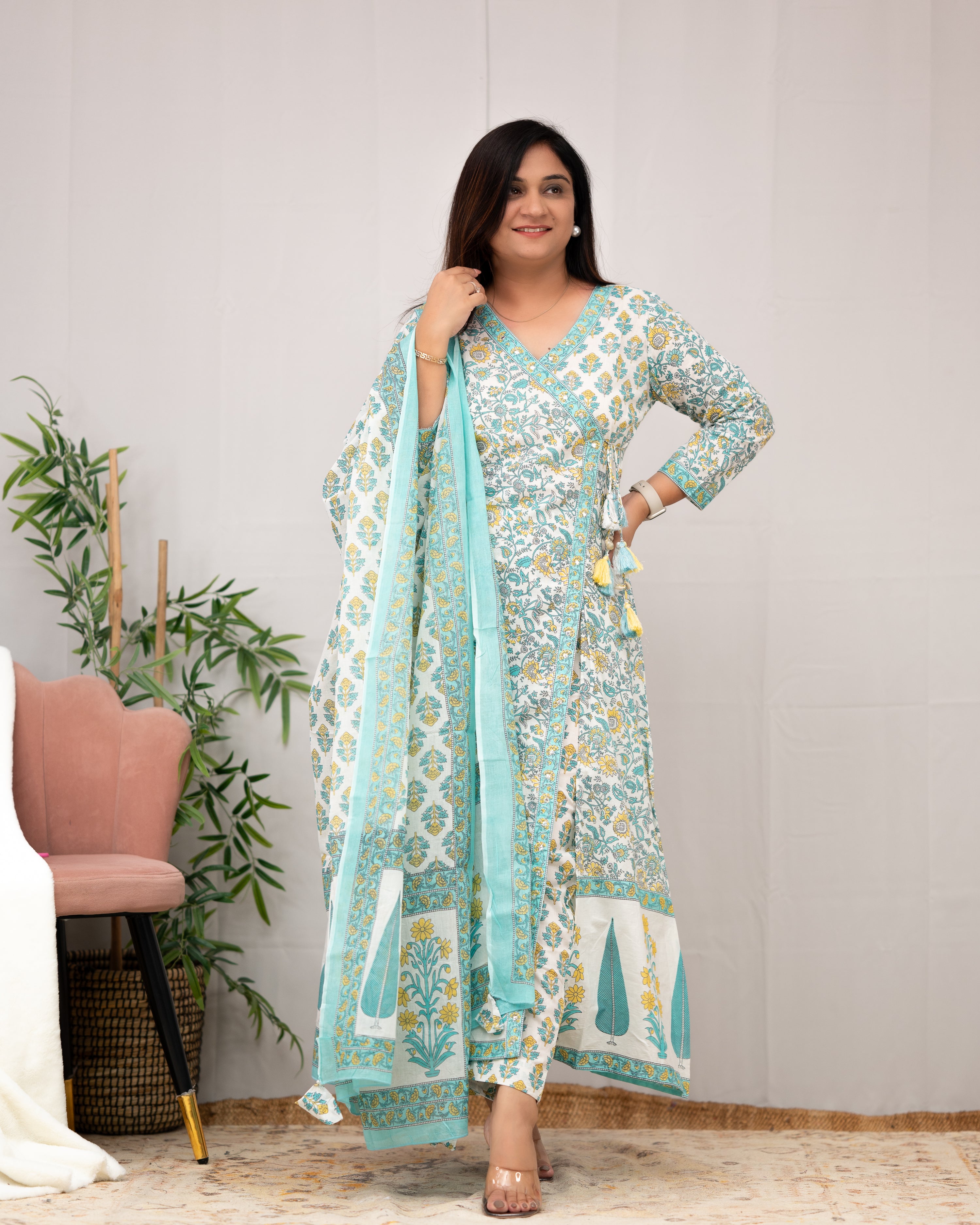 Aadhaya Angrakha Handblock Front Slit Pant Set - The Jaipur Studio