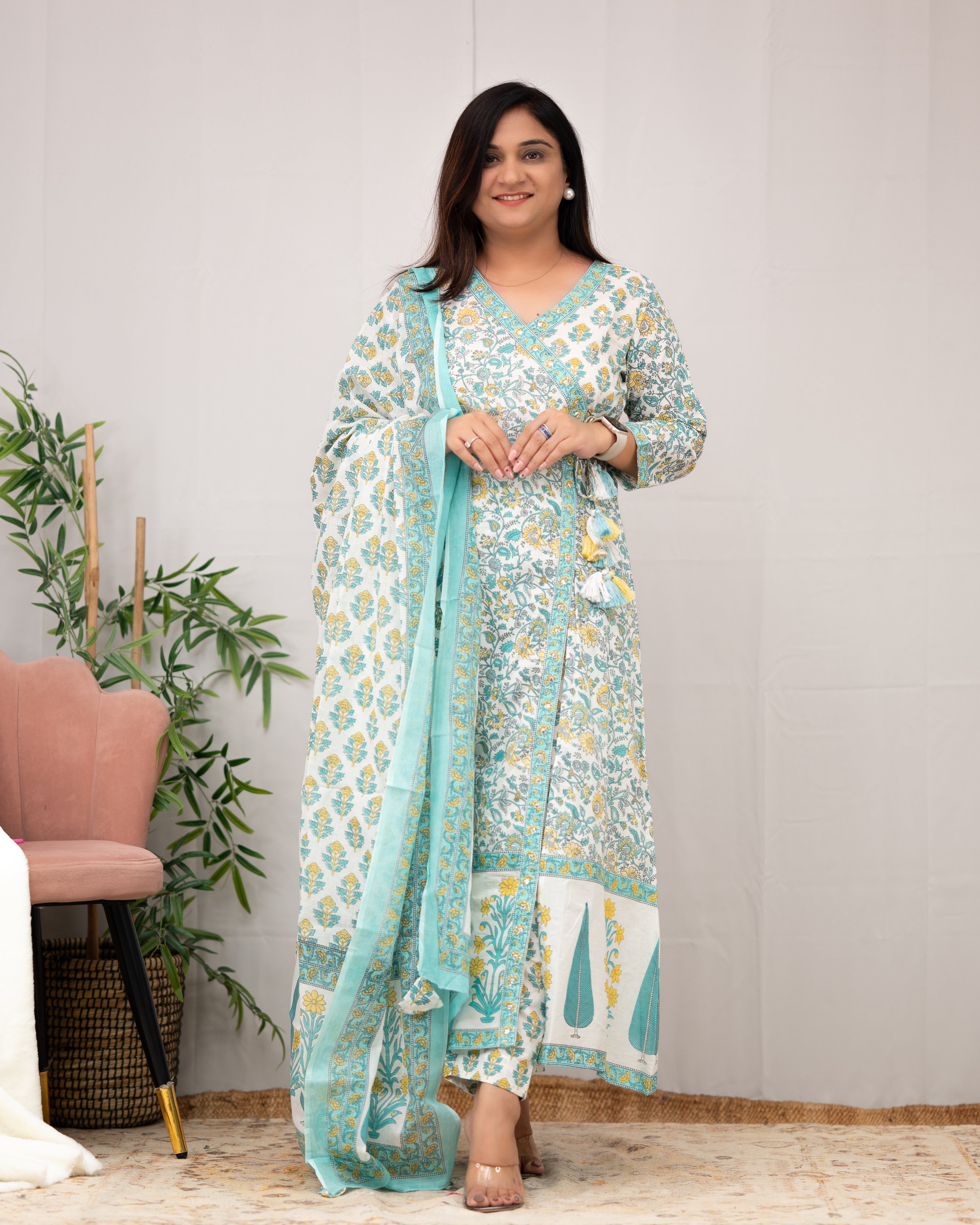 Aadhaya Angrakha Handblock Front Slit Pant Set - The Jaipur Studio