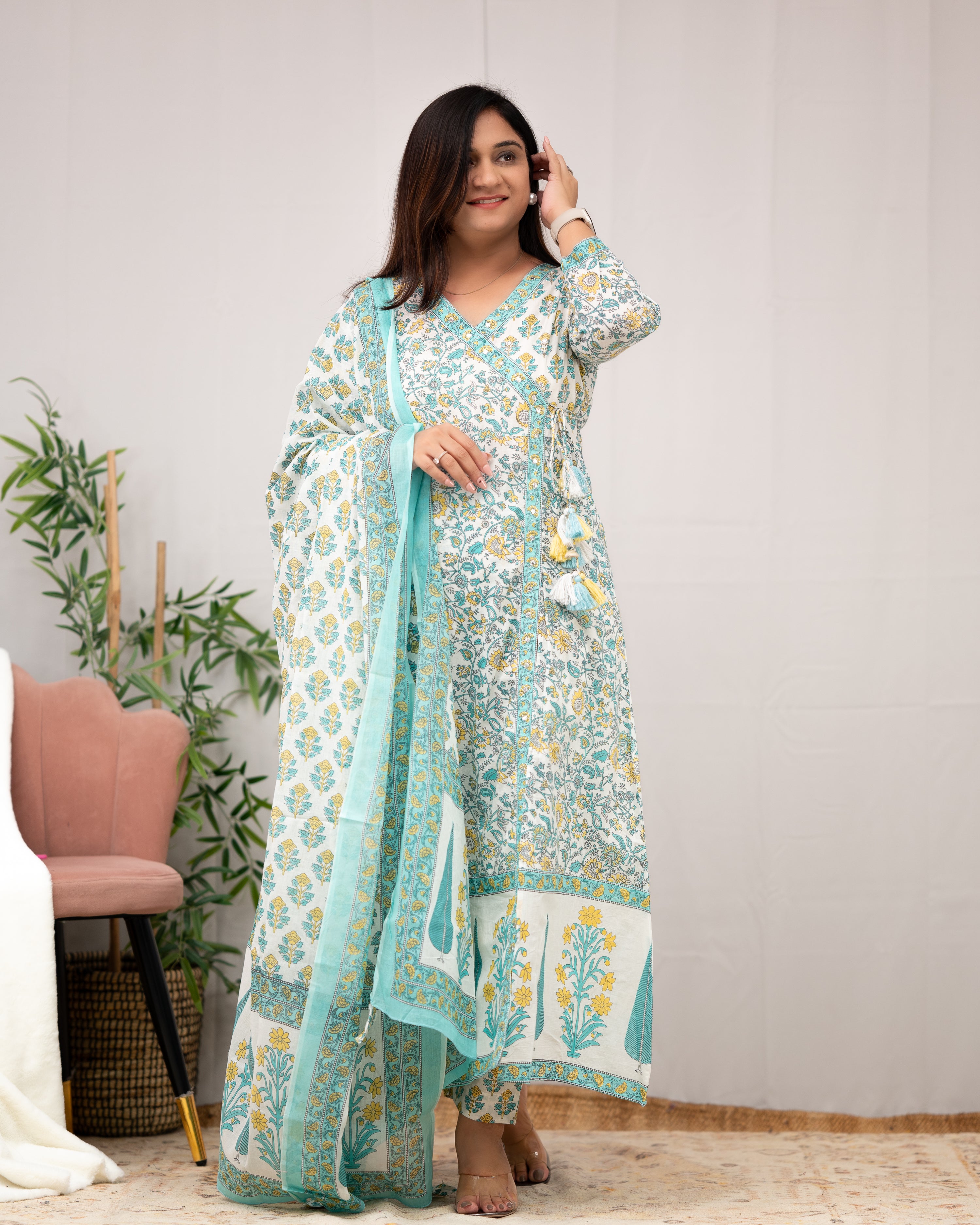 Aadhaya Angrakha Handblock Front Slit Pant Set - The Jaipur Studio