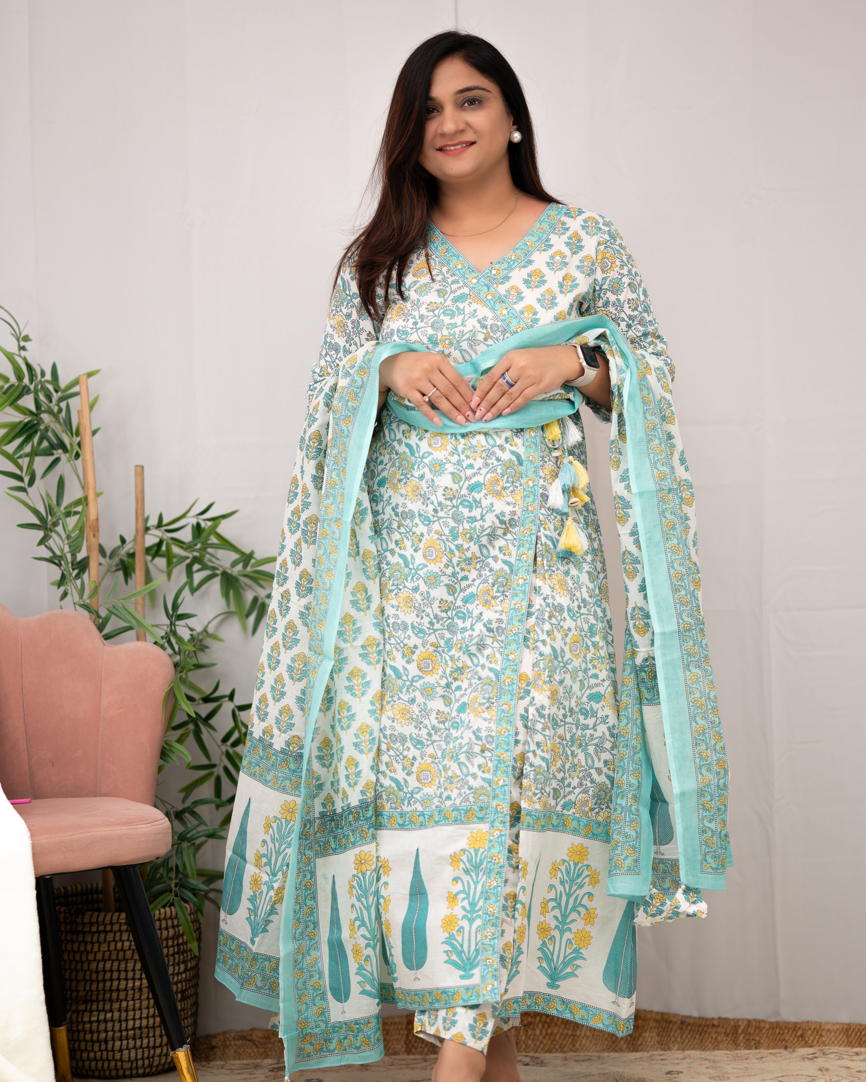 Aadhaya Angrakha Handblock Front Slit Pant Set - The Jaipur Studio