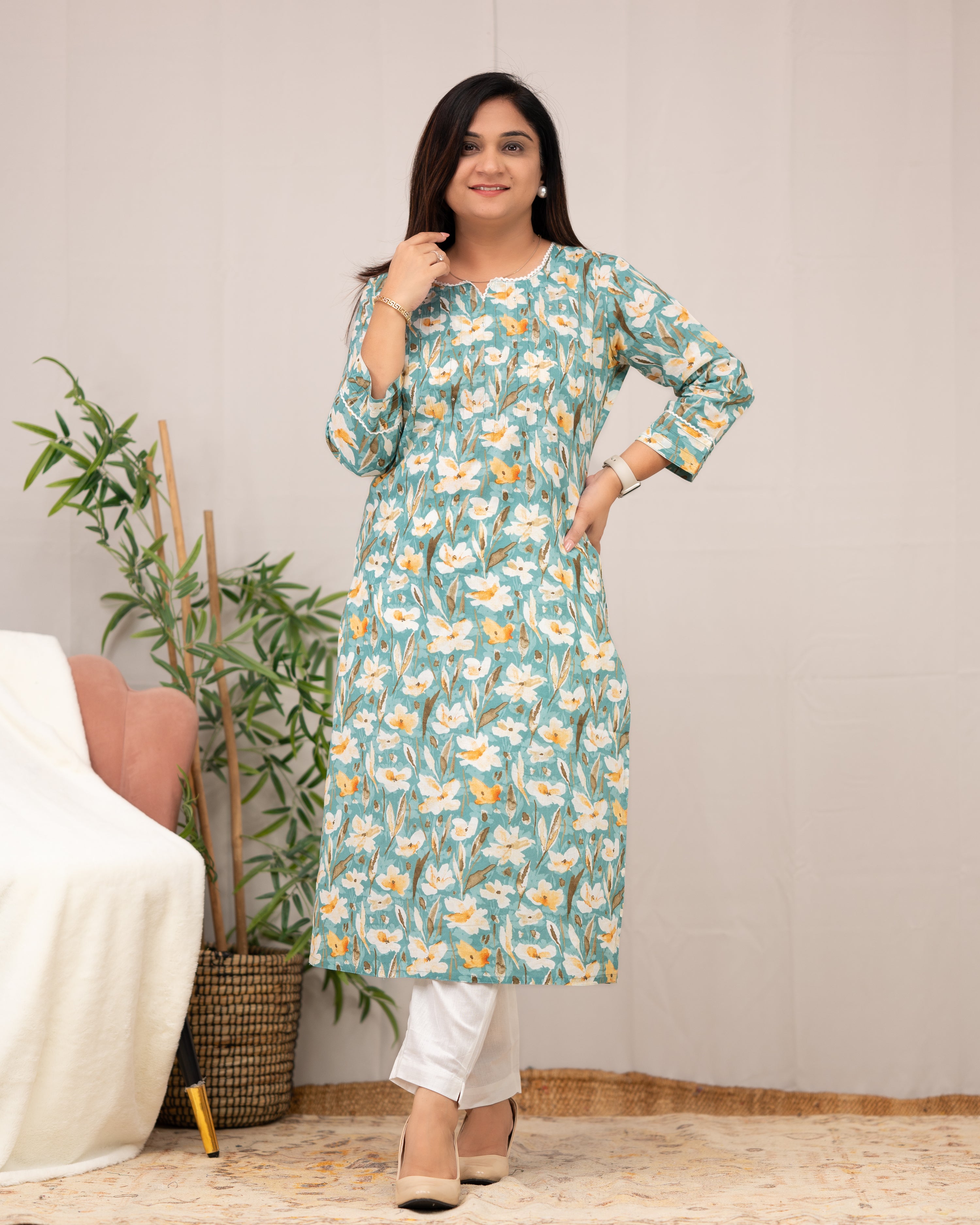 Lisha Floral Cotton Casual Kurta - The Jaipur Studio