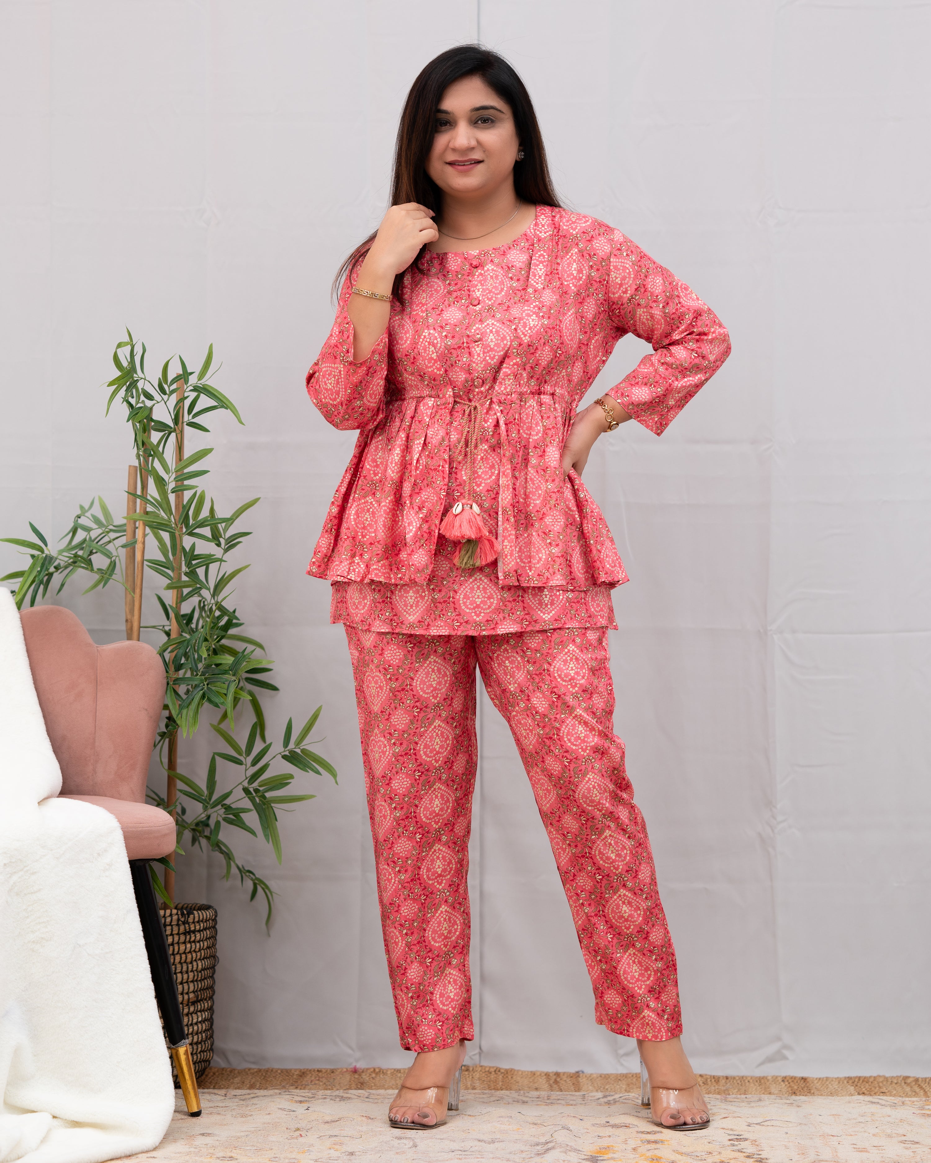 Ella Muslin Coord Set with Detachable Jacket Peach - The Jaipur Studio