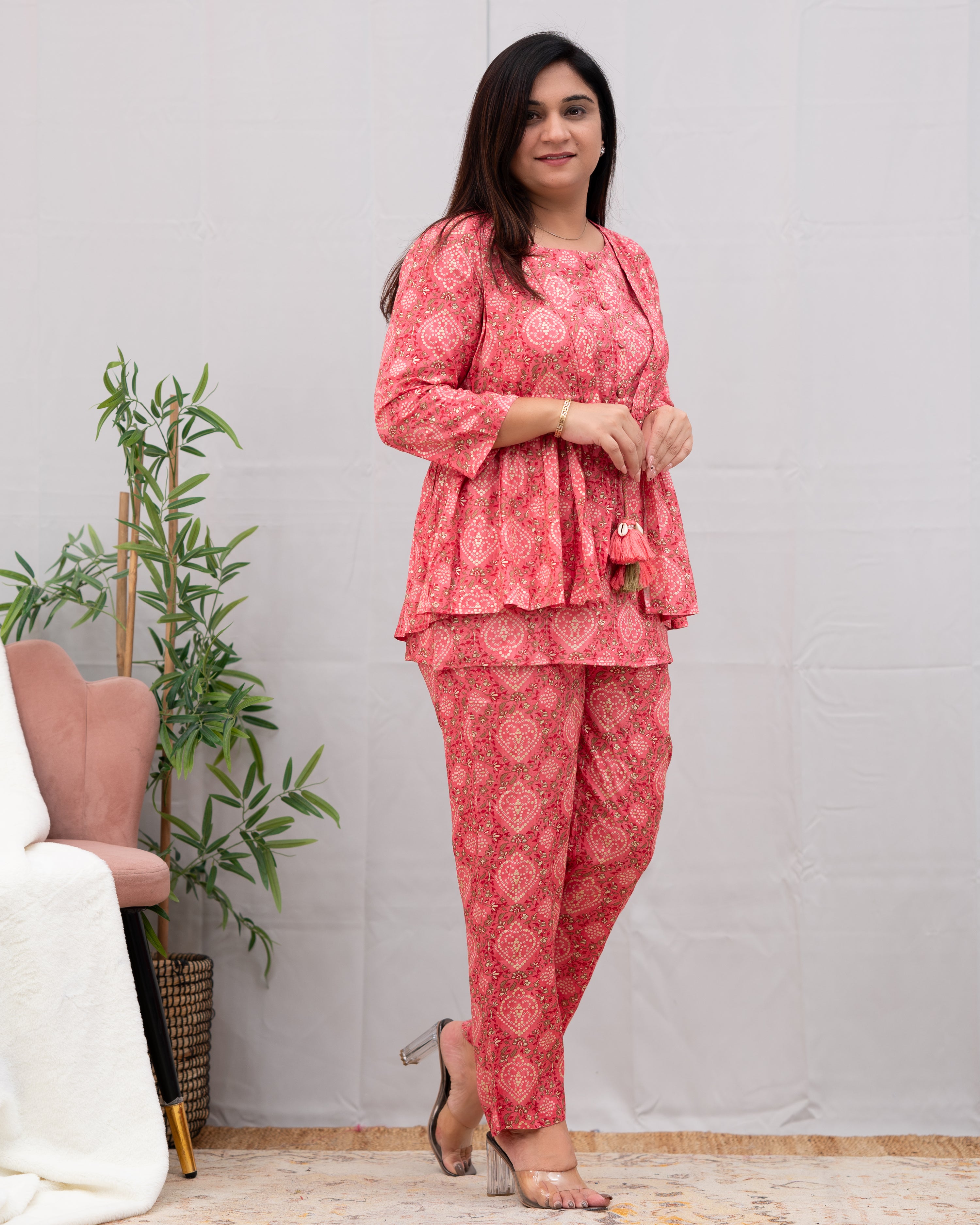 Ella Muslin Coord Set with Detachable Jacket Peach - The Jaipur Studio