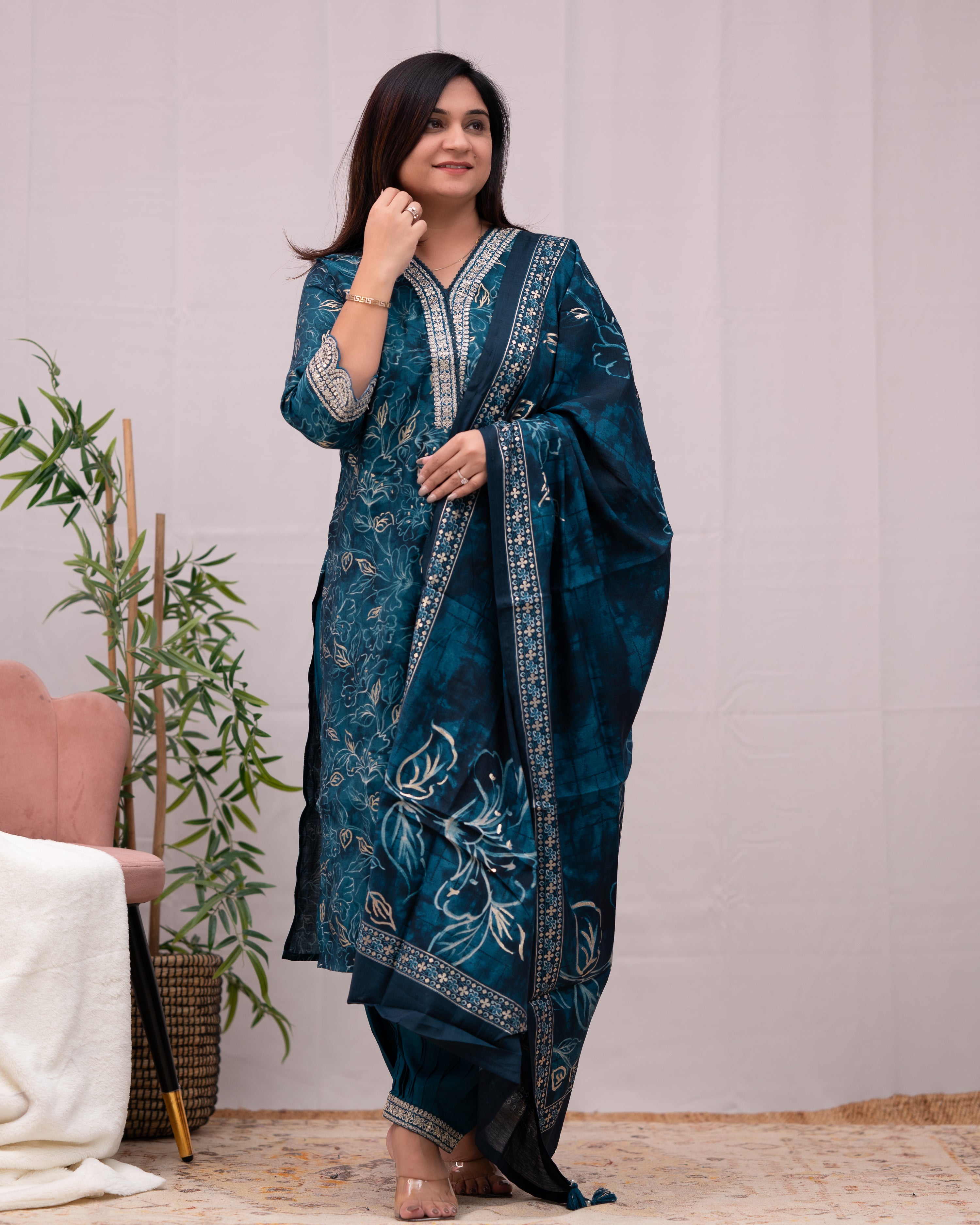 Rihana Muslin Heavy Embroidered Afgani Set - The Jaipur Studio