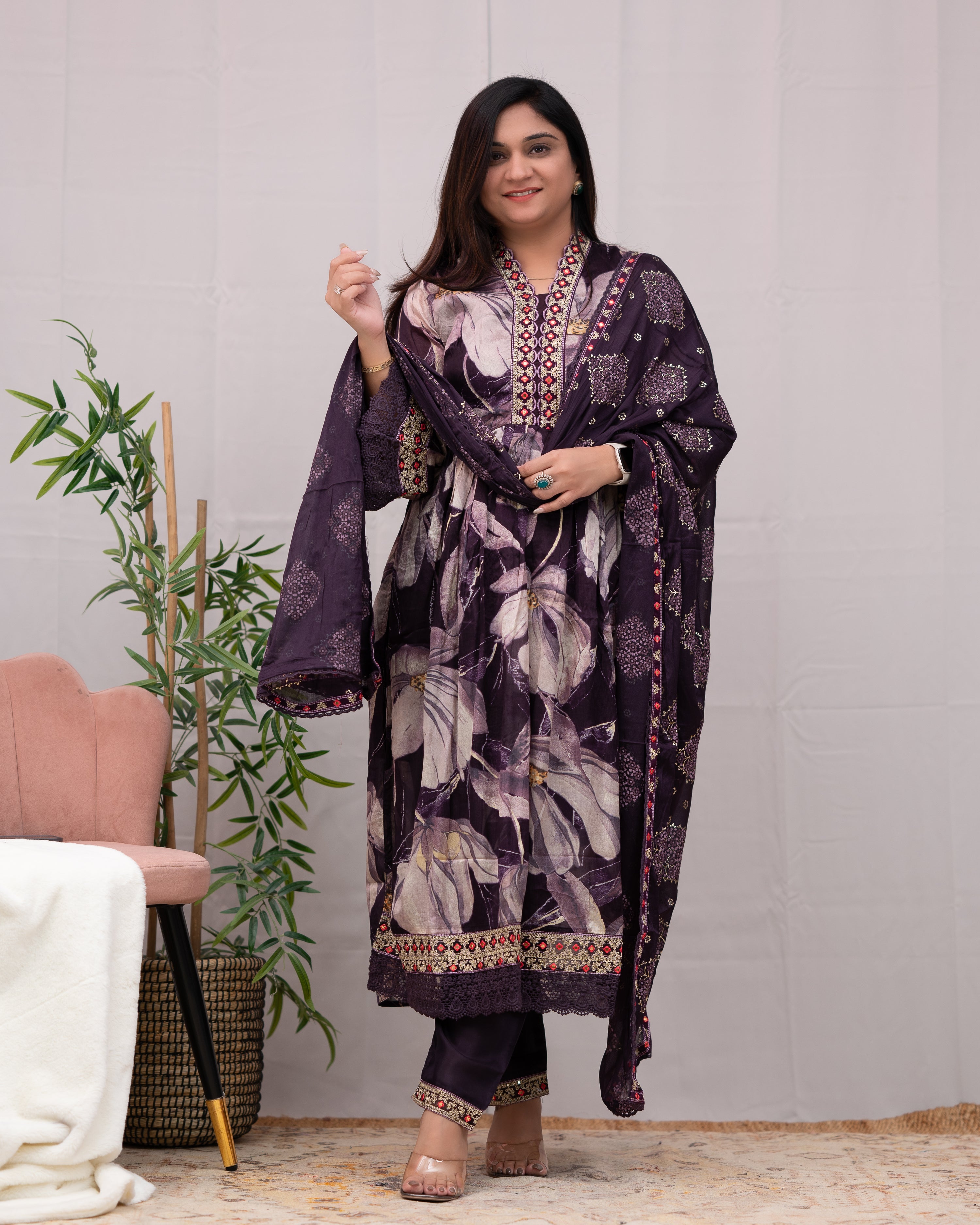 Samiksha Chinnon Embroidered Floral Nyra Pant Set - The Jaipur Studio
