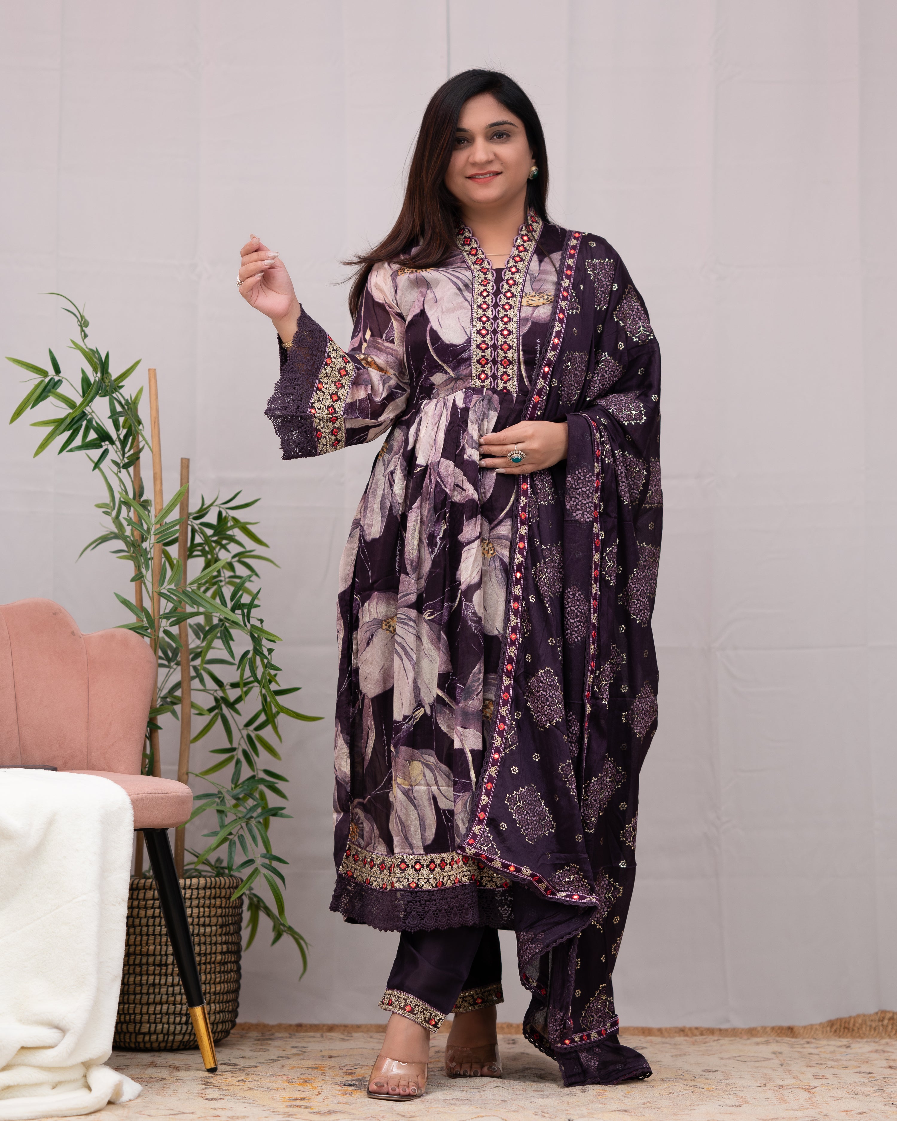 Samiksha Chinnon Embroidered Floral Nyra Pant Set - The Jaipur Studio