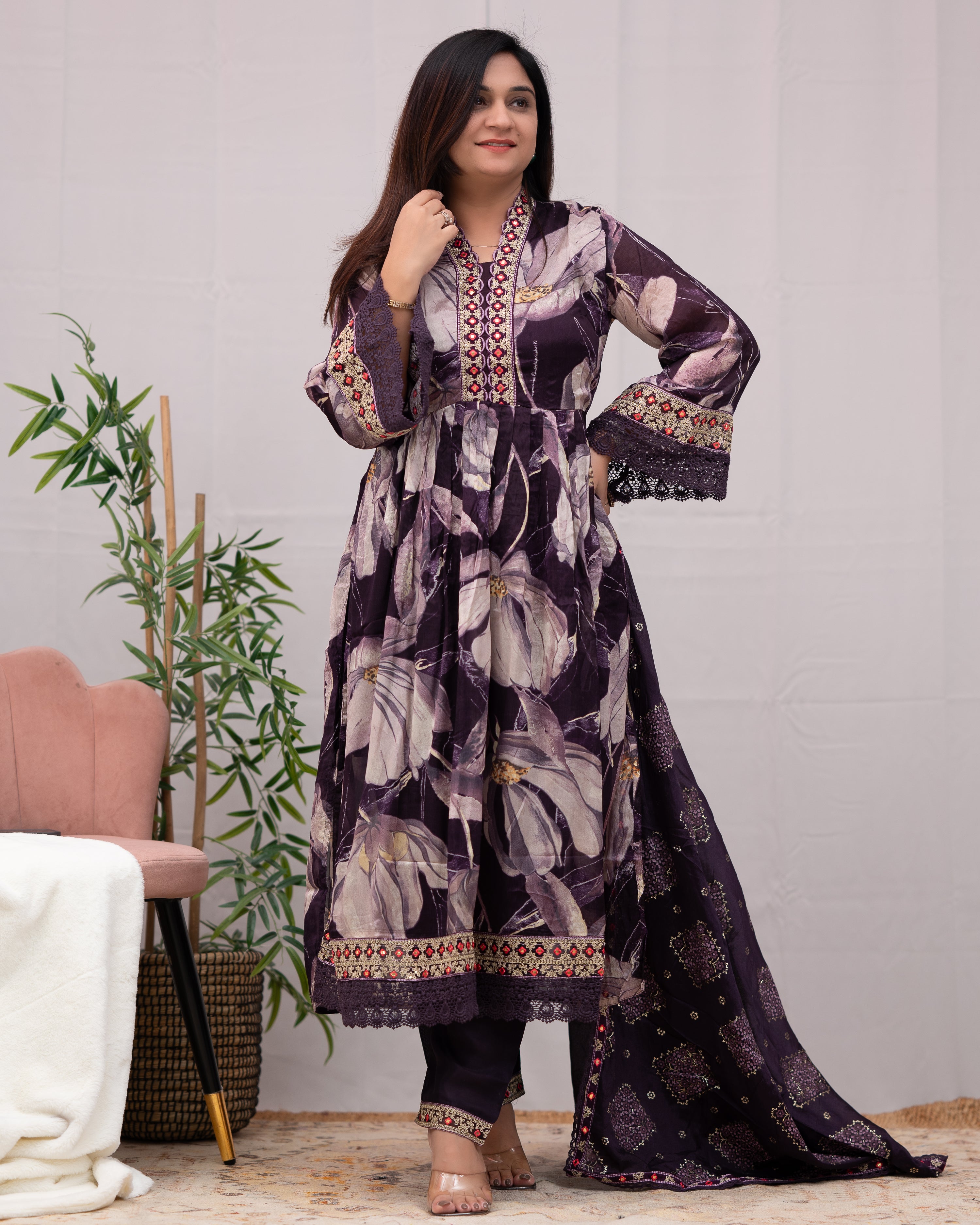 Samiksha Chinnon Embroidered Floral Nyra Pant Set - The Jaipur Studio