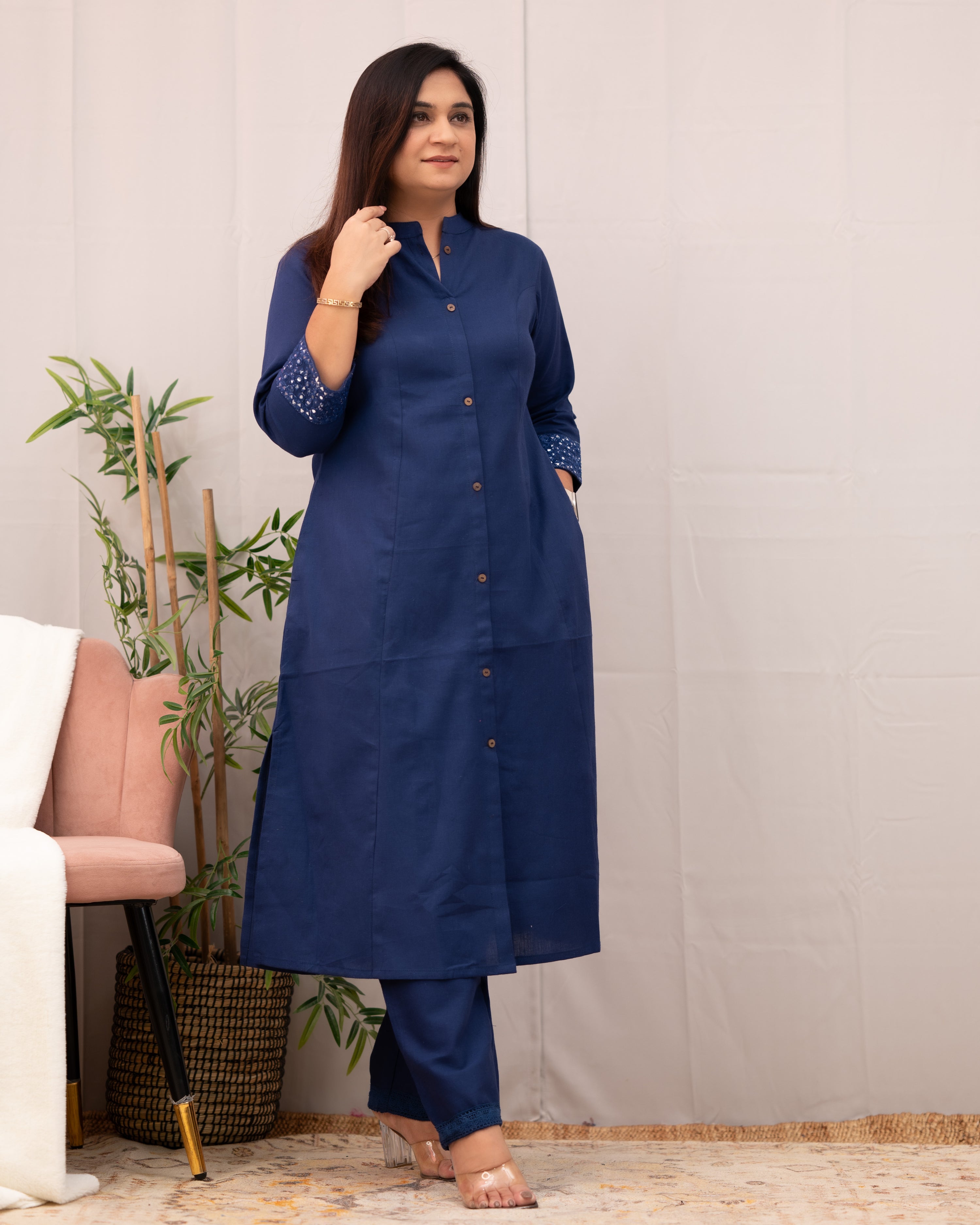 Raveena A-line Embroidered  Cotton casual Pant Set - The Jaipur Studio