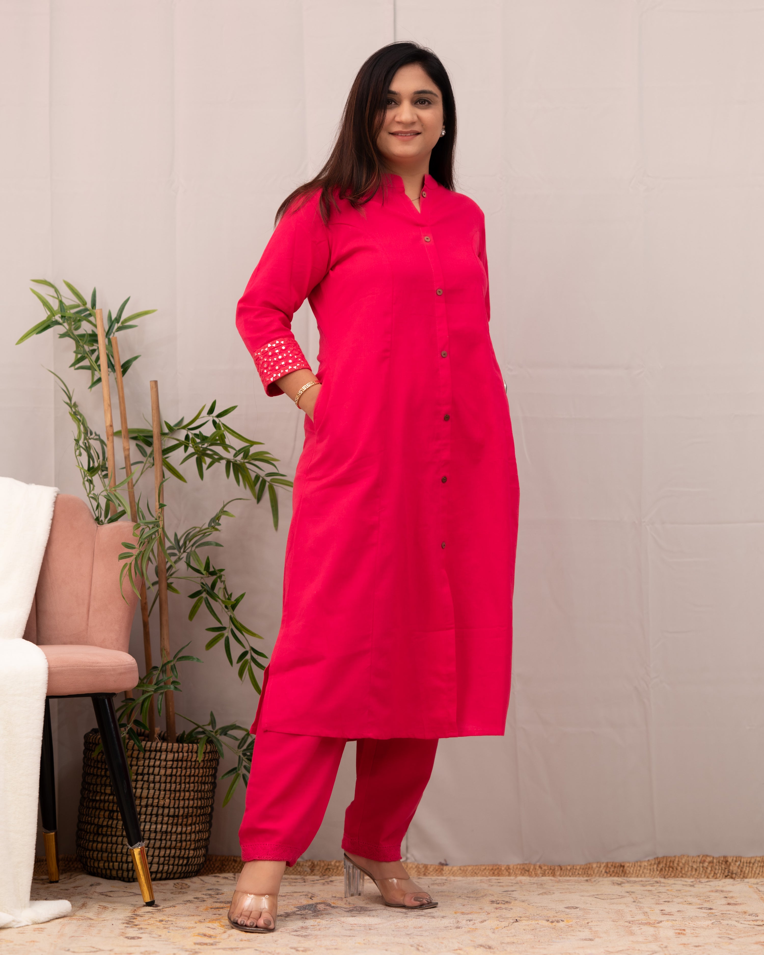 Raveena A-line Embroidered  Cotton casual Pant Set - The Jaipur Studio